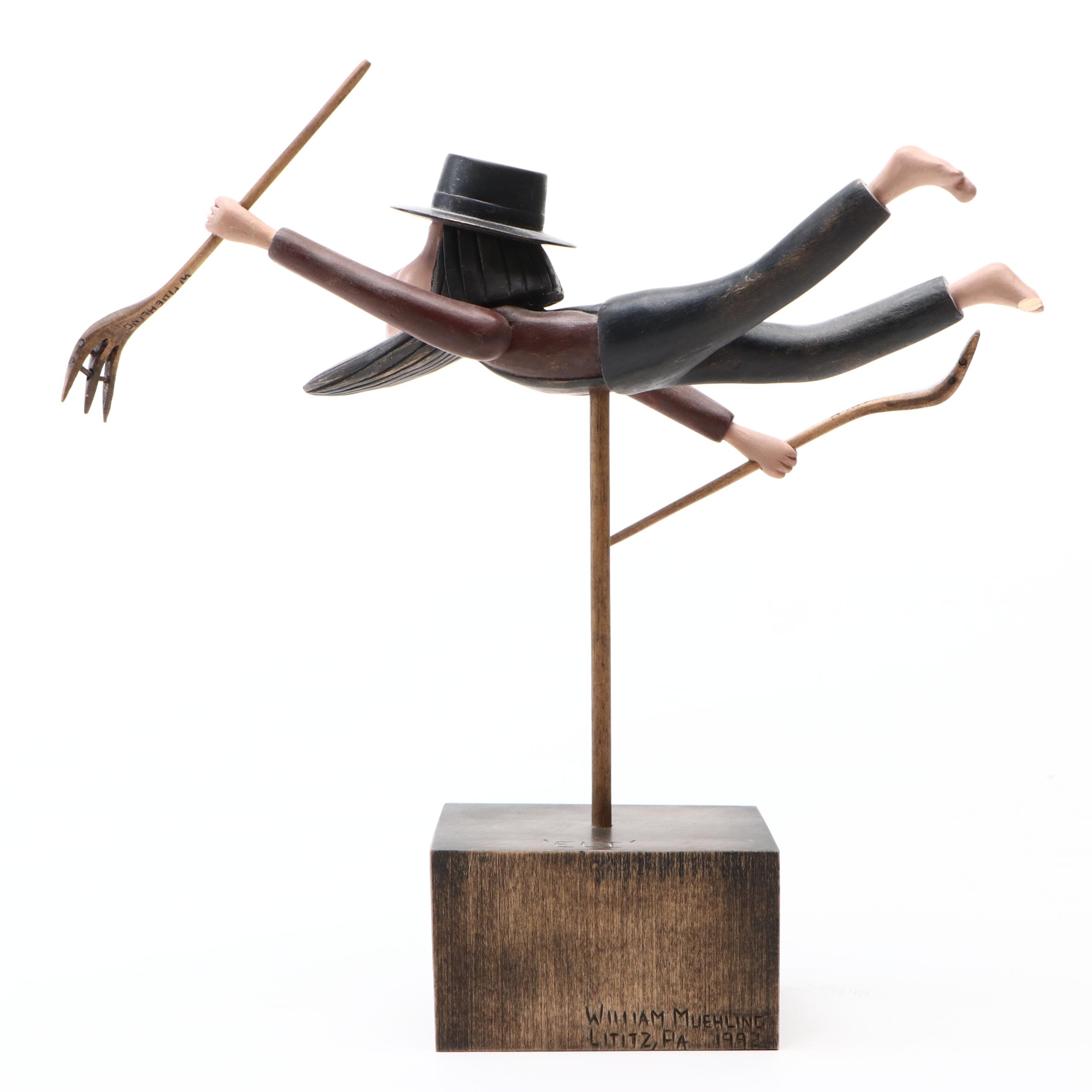 William Muehling Folk Art Carved Wood Sculpture "Eli," 1992