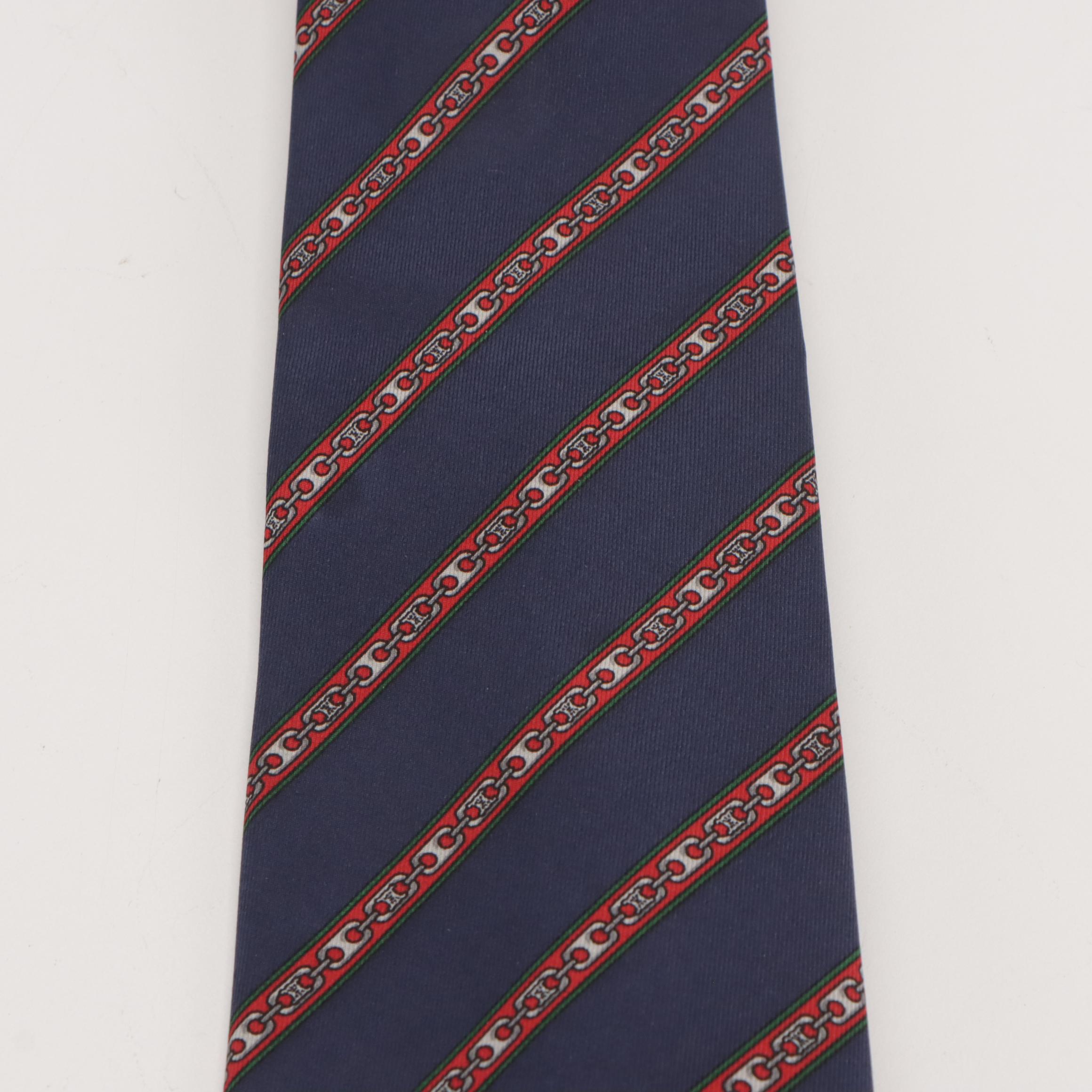 Celine Logo Chain Diagonal Stripe Necktie in Navy Silk