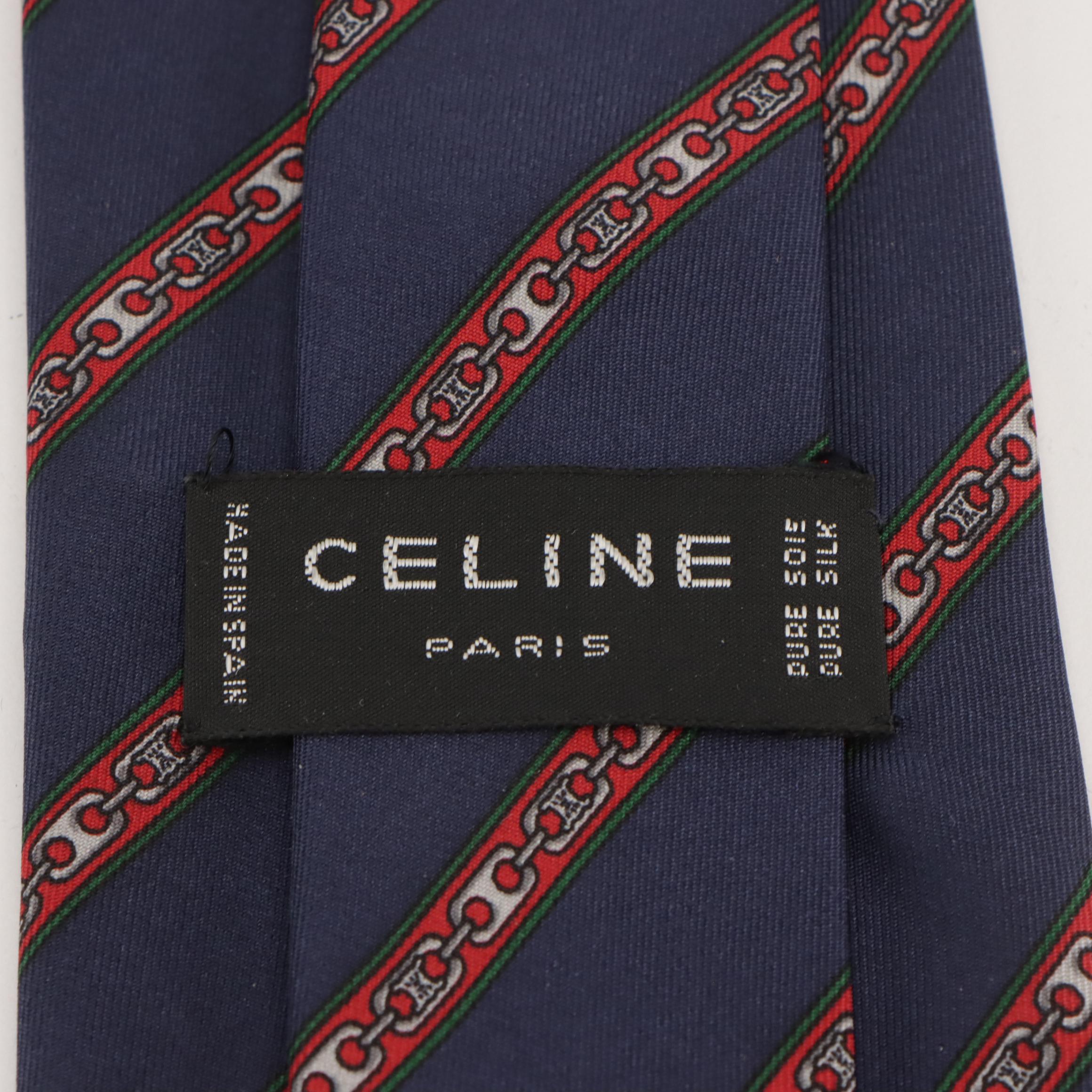 Celine Logo Chain Diagonal Stripe Necktie in Navy Silk