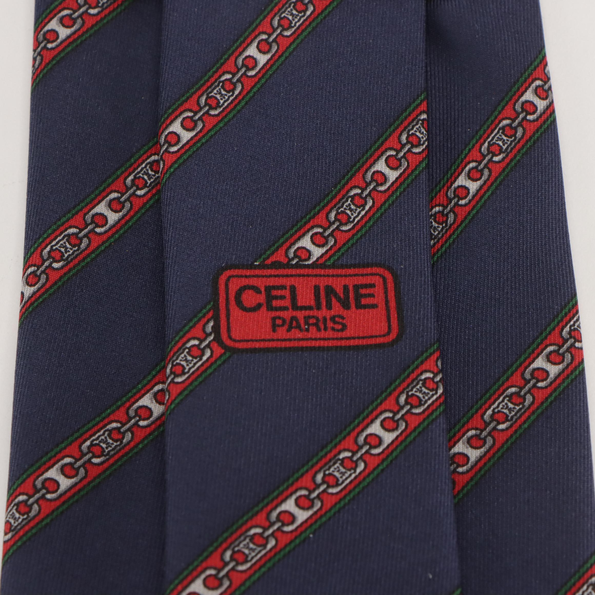 Celine Logo Chain Diagonal Stripe Necktie in Navy Silk