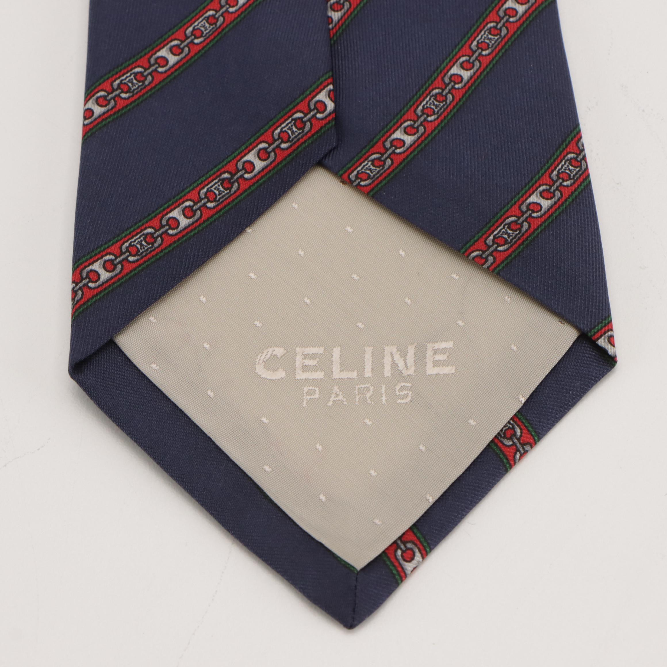 Celine Logo Chain Diagonal Stripe Necktie in Navy Silk