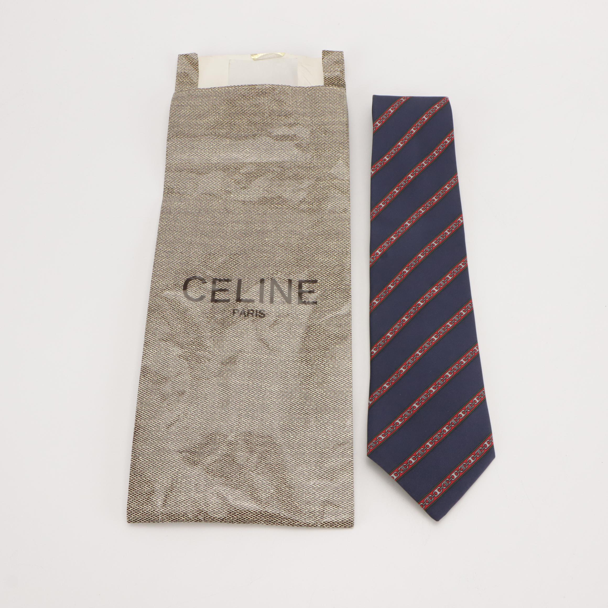 Celine Logo Chain Diagonal Stripe Necktie in Navy Silk