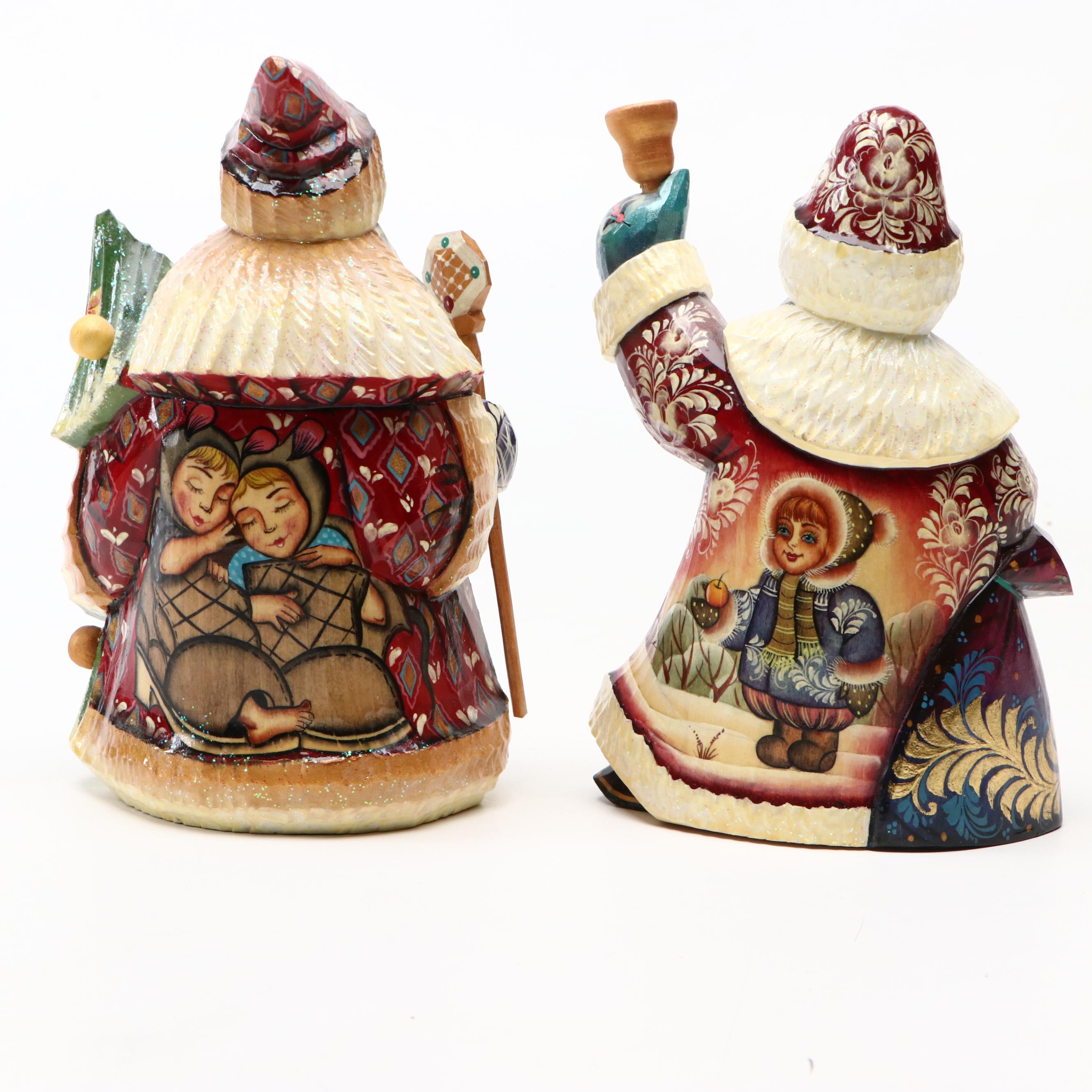 Russian Folk Art Hand-Carved and Painted Wood Santas