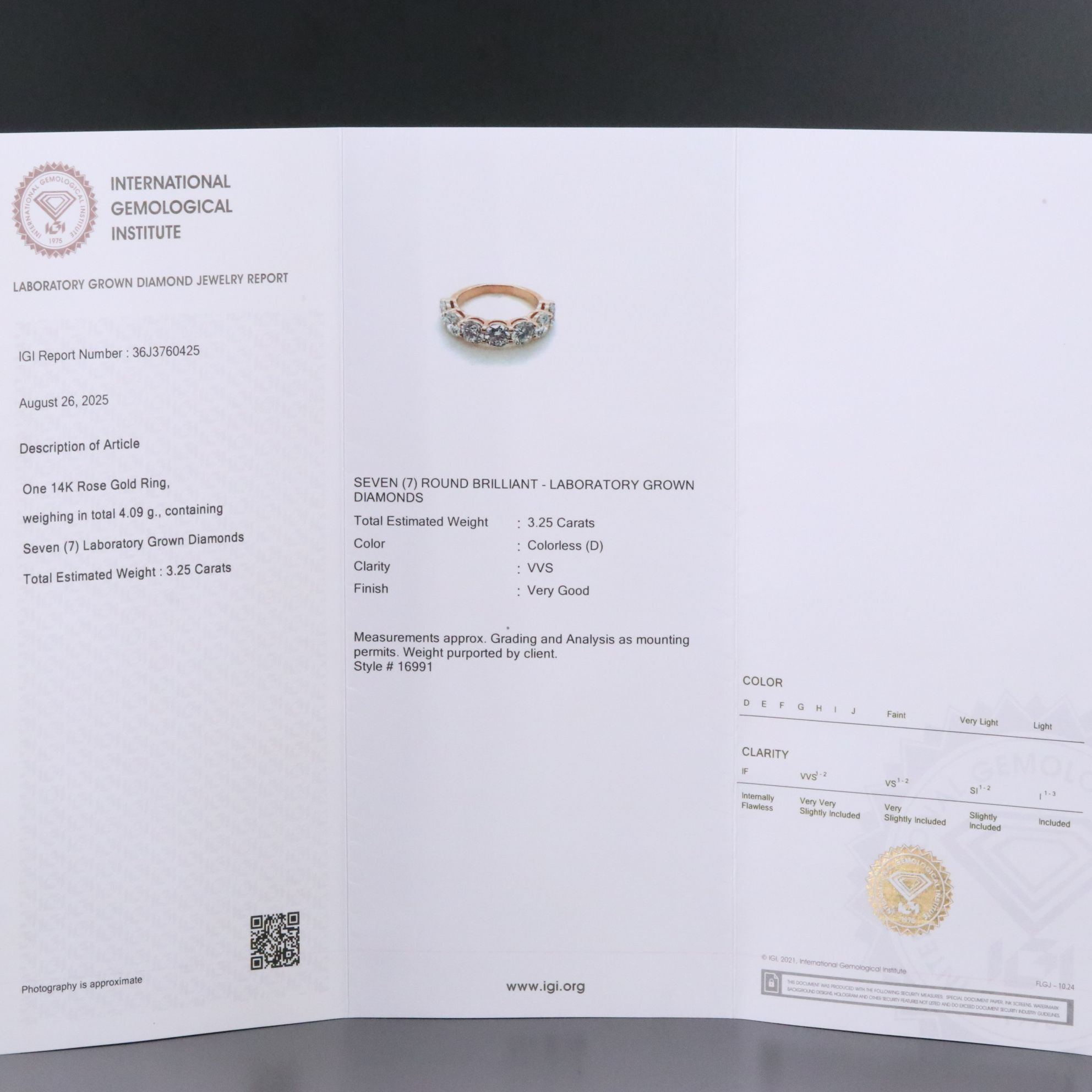 14K Rose Gold 3.25 CTW Lab Grown Diamond Ring with IGI Jewelry Report