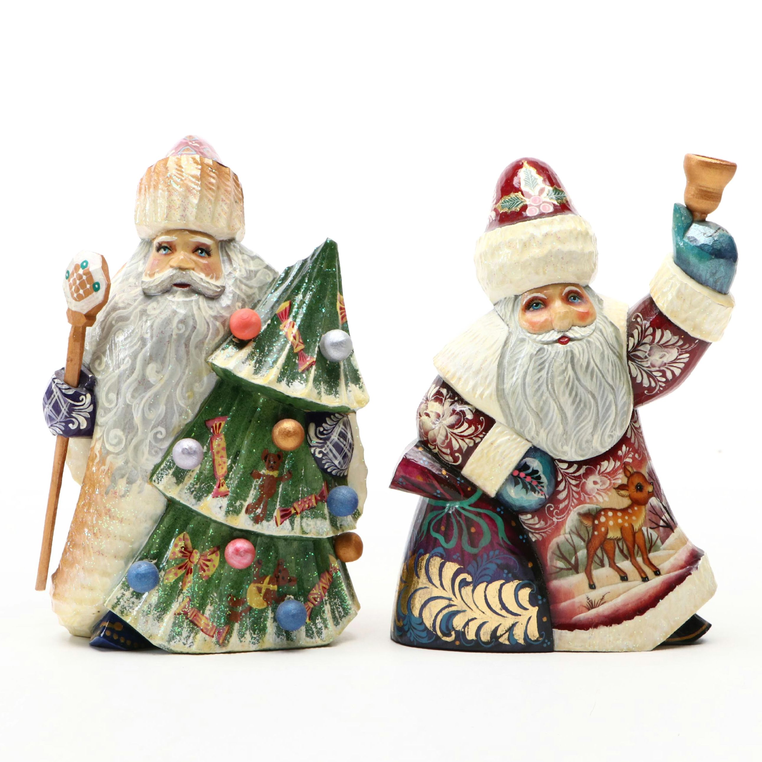 Russian Folk Art Hand-Carved and Painted Wood Santas
