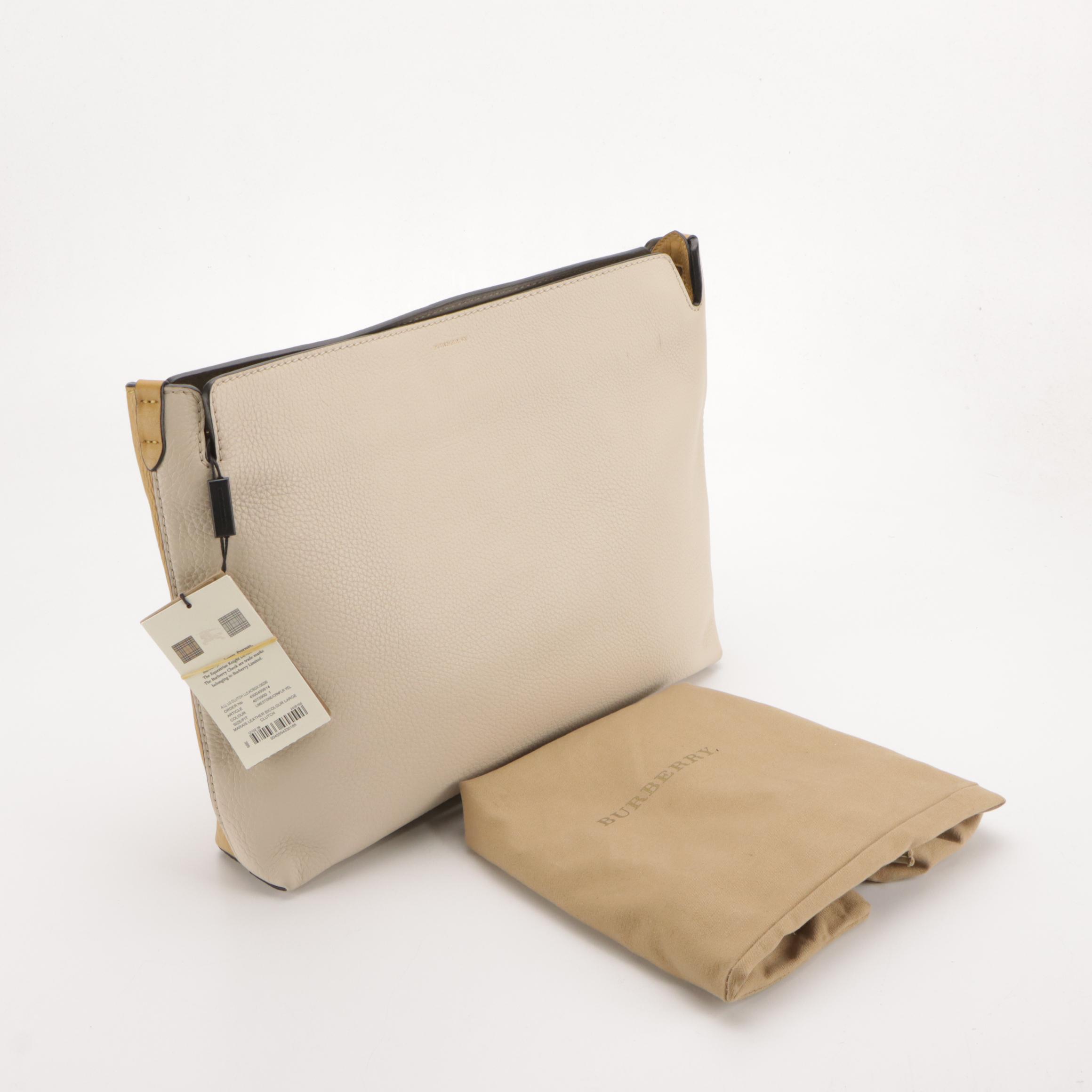Burberry Large Clutch in Limestone/Cornflower Yellow Calfskin Leather, With Tags