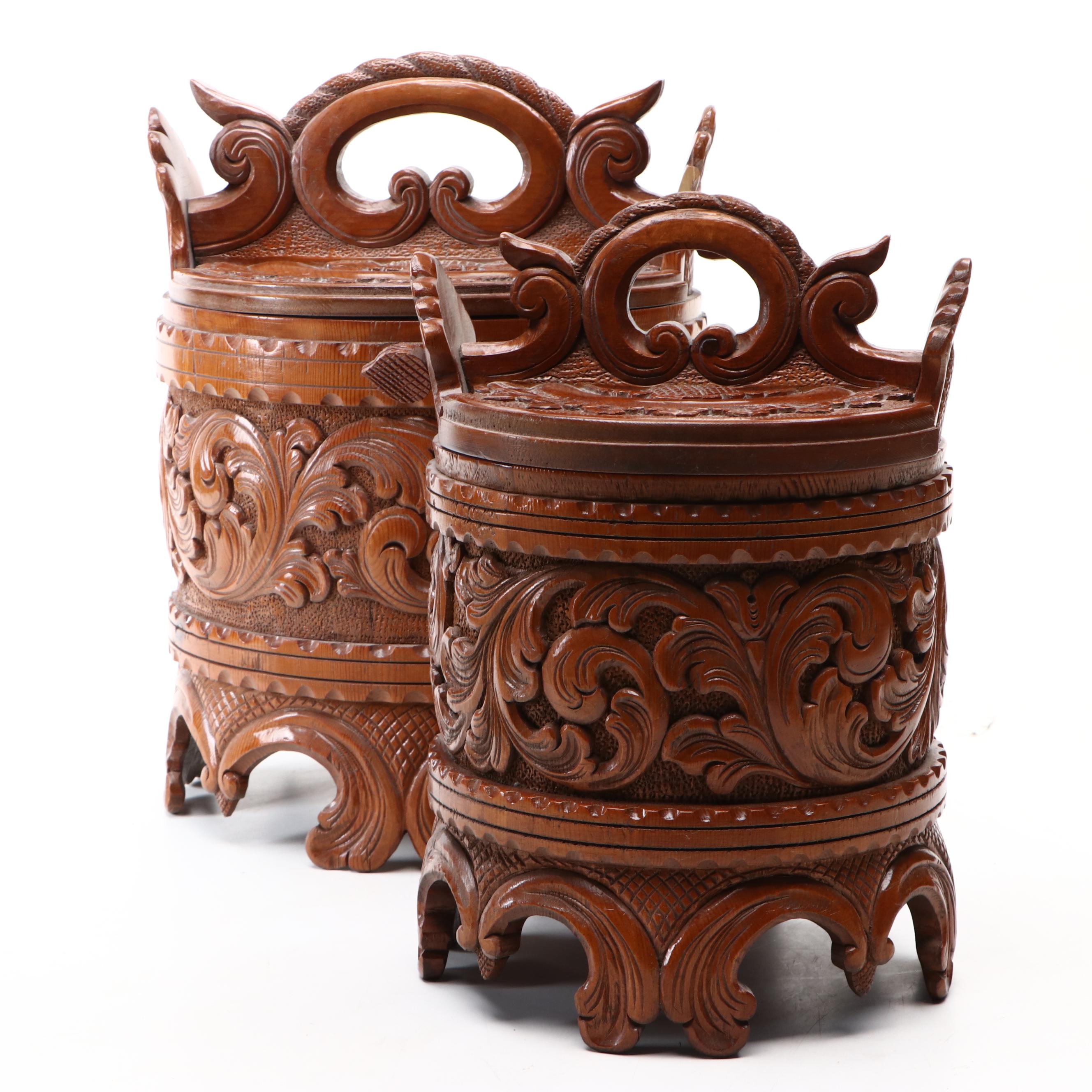 Pair of Norwegian Carved Wood Butter or Porridge Tankards
