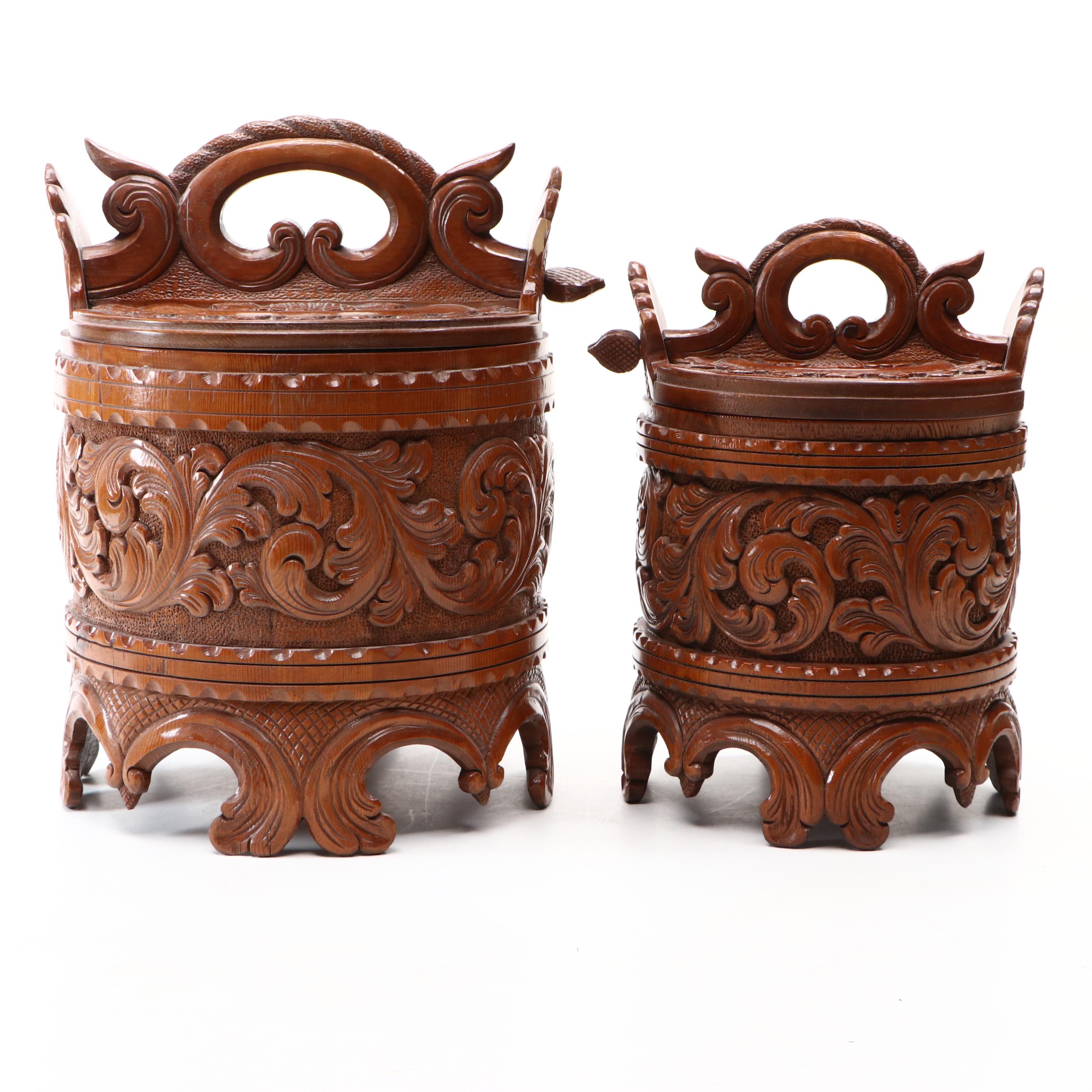 Pair of Norwegian Carved Wood Butter or Porridge Tankards