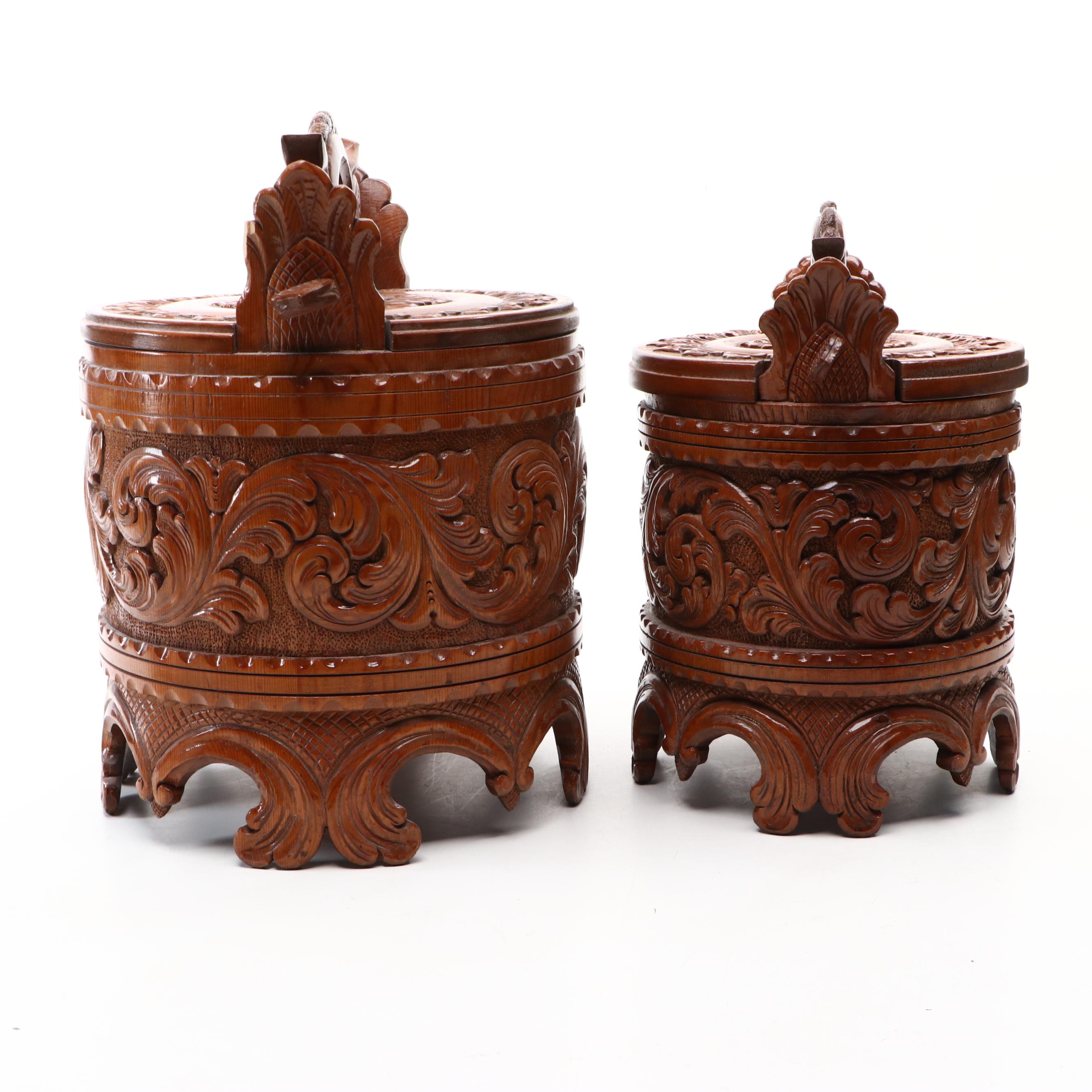 Pair of Norwegian Carved Wood Butter or Porridge Tankards