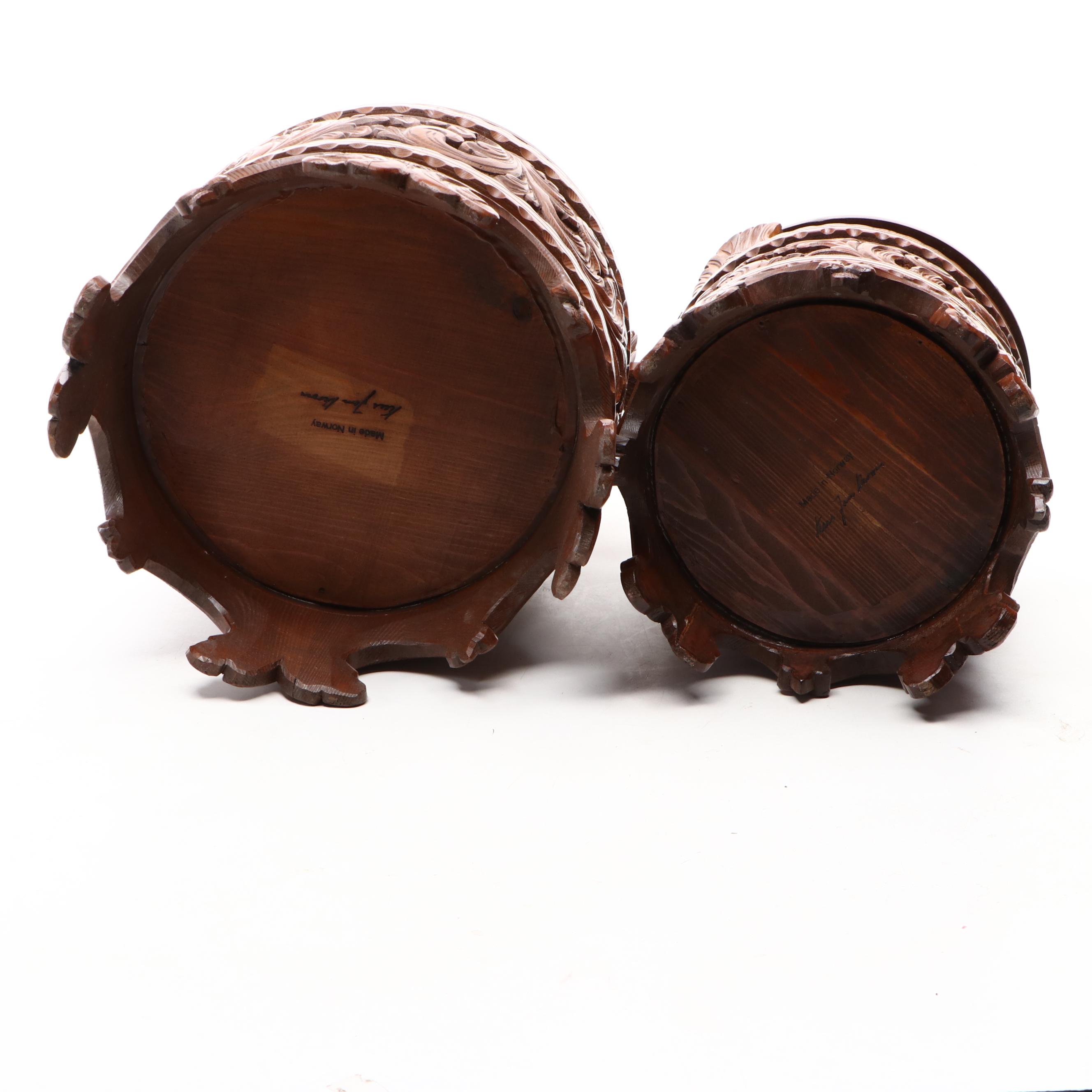 Pair of Norwegian Carved Wood Butter or Porridge Tankards