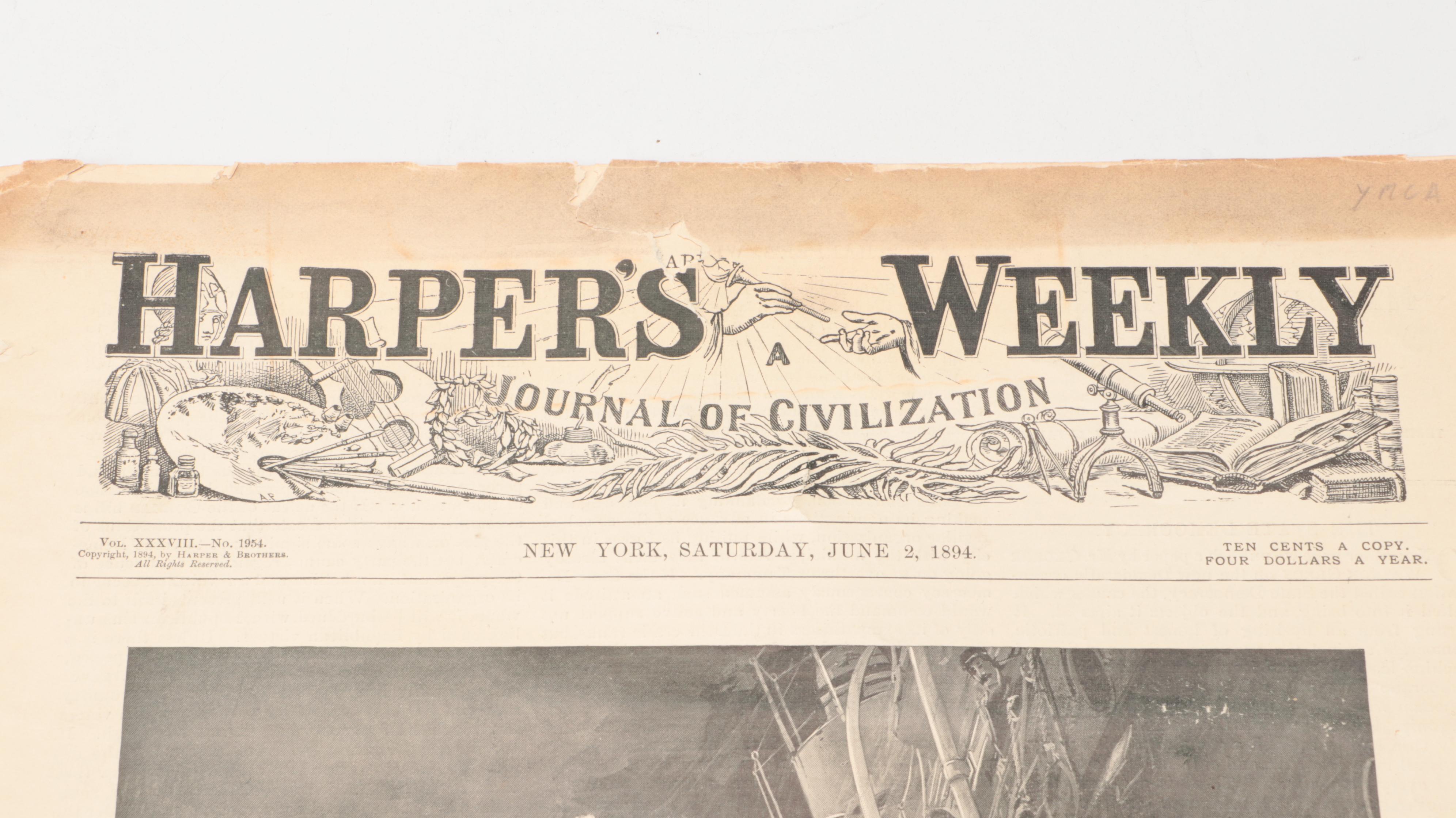 Farberware Art Deco Style Brass Desk Set with Antique "Harper's Weekly" & Décor