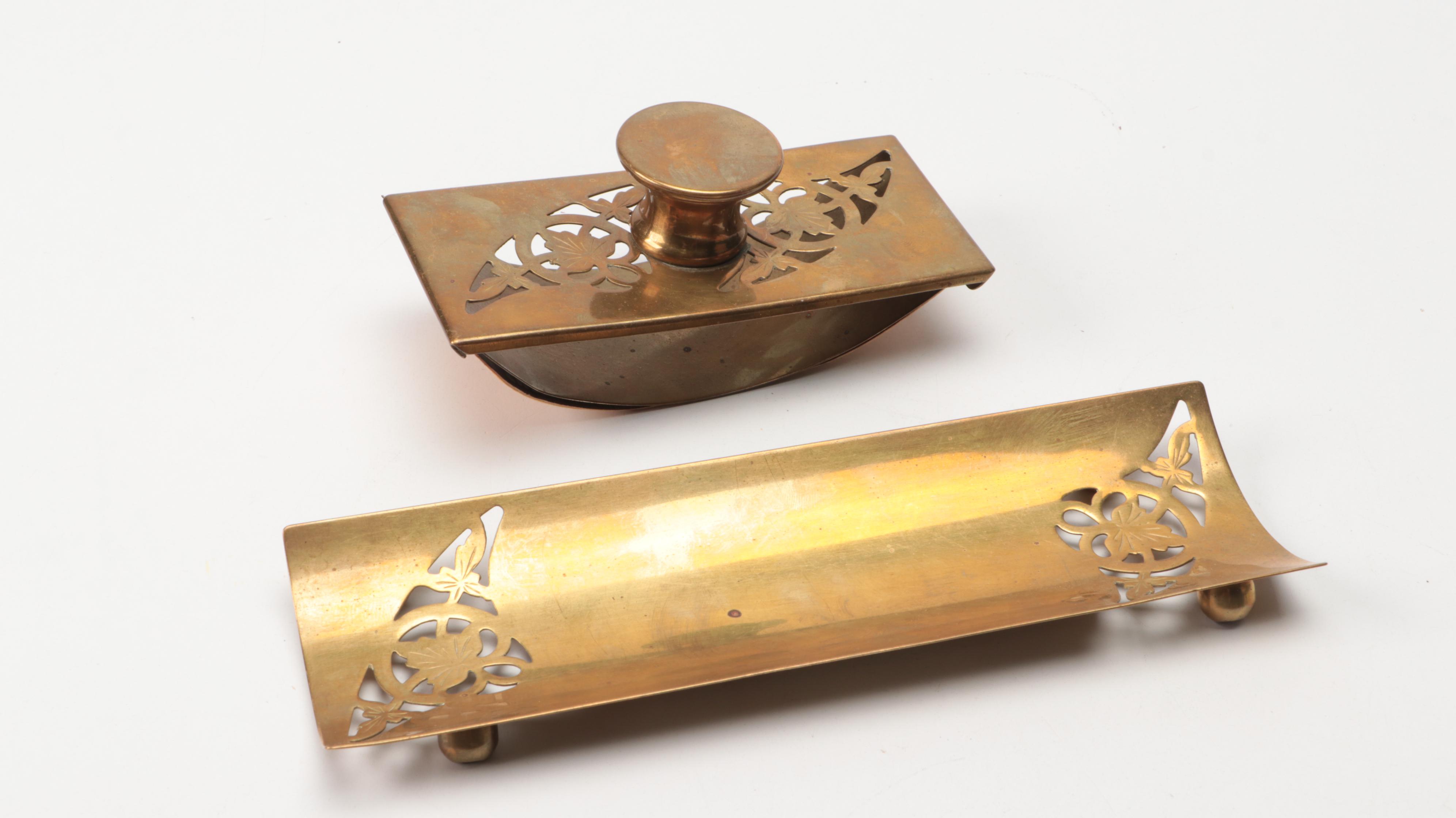 Farberware Art Deco Style Brass Desk Set with Antique "Harper's Weekly" & Décor