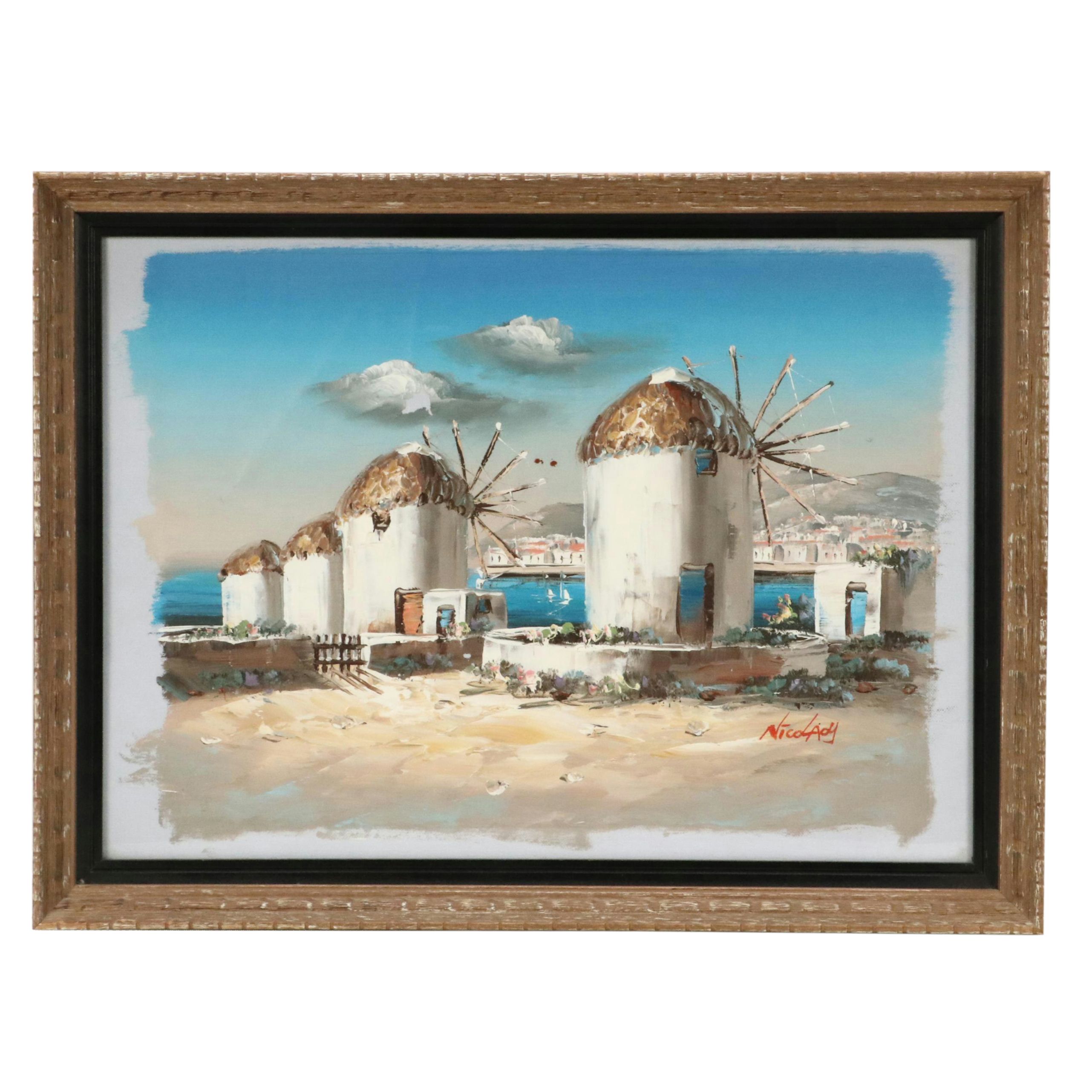 Nico Laoy Oil Mediterranean Seascape Painting of Traditional Greek Windmills