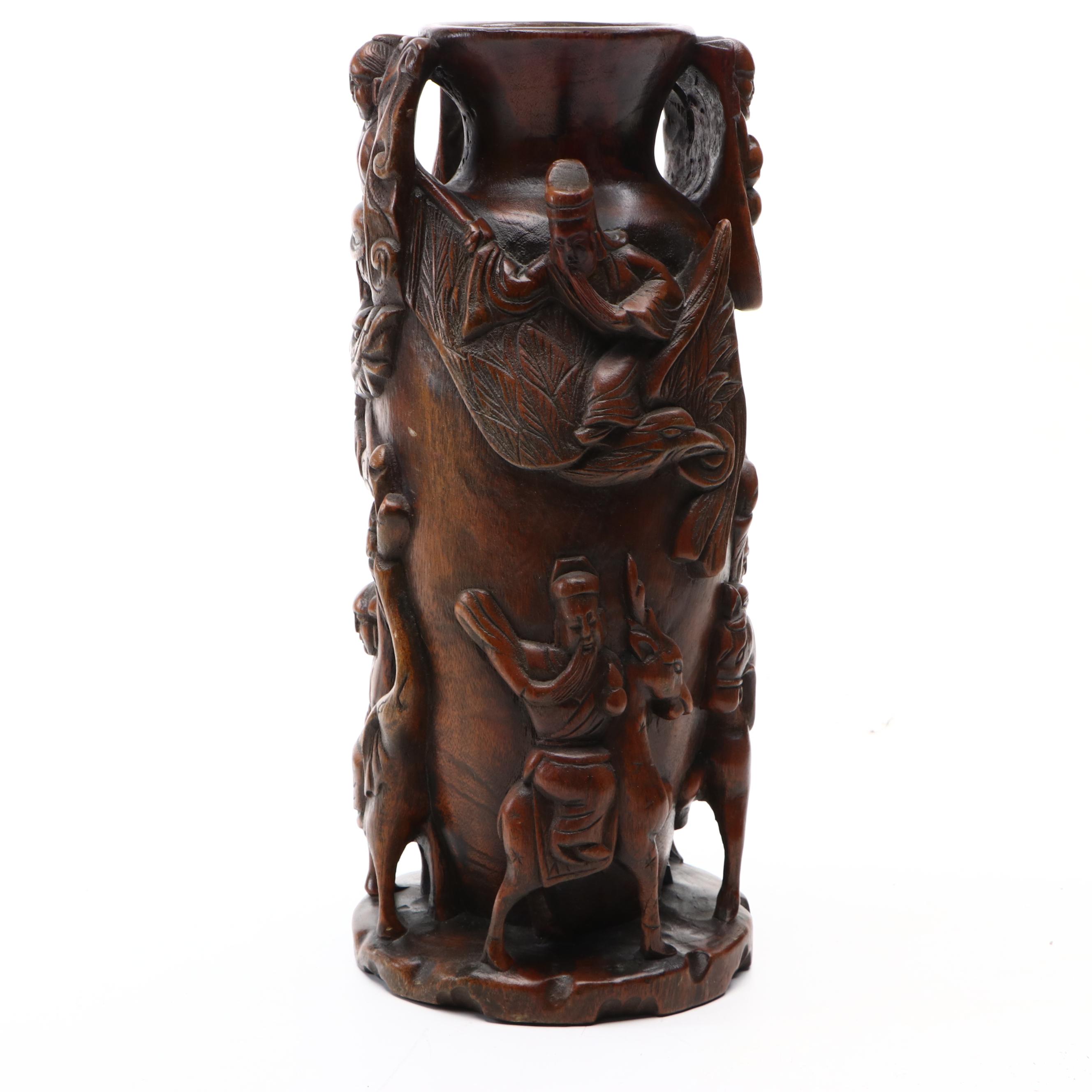 Chinese Carved Wood Narrative Scene Vase