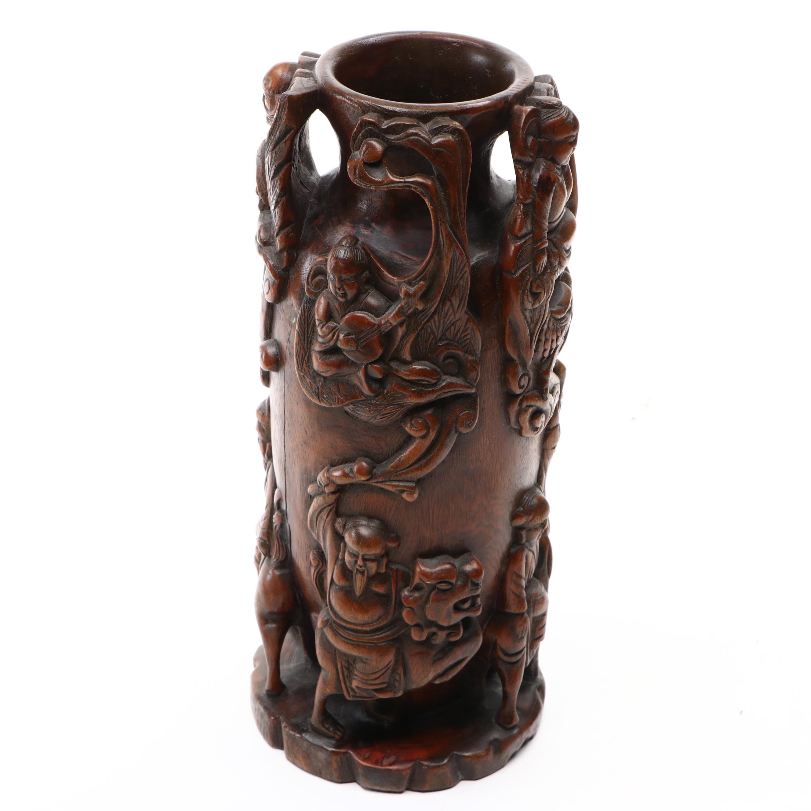Chinese Carved Wood Narrative Scene Vase