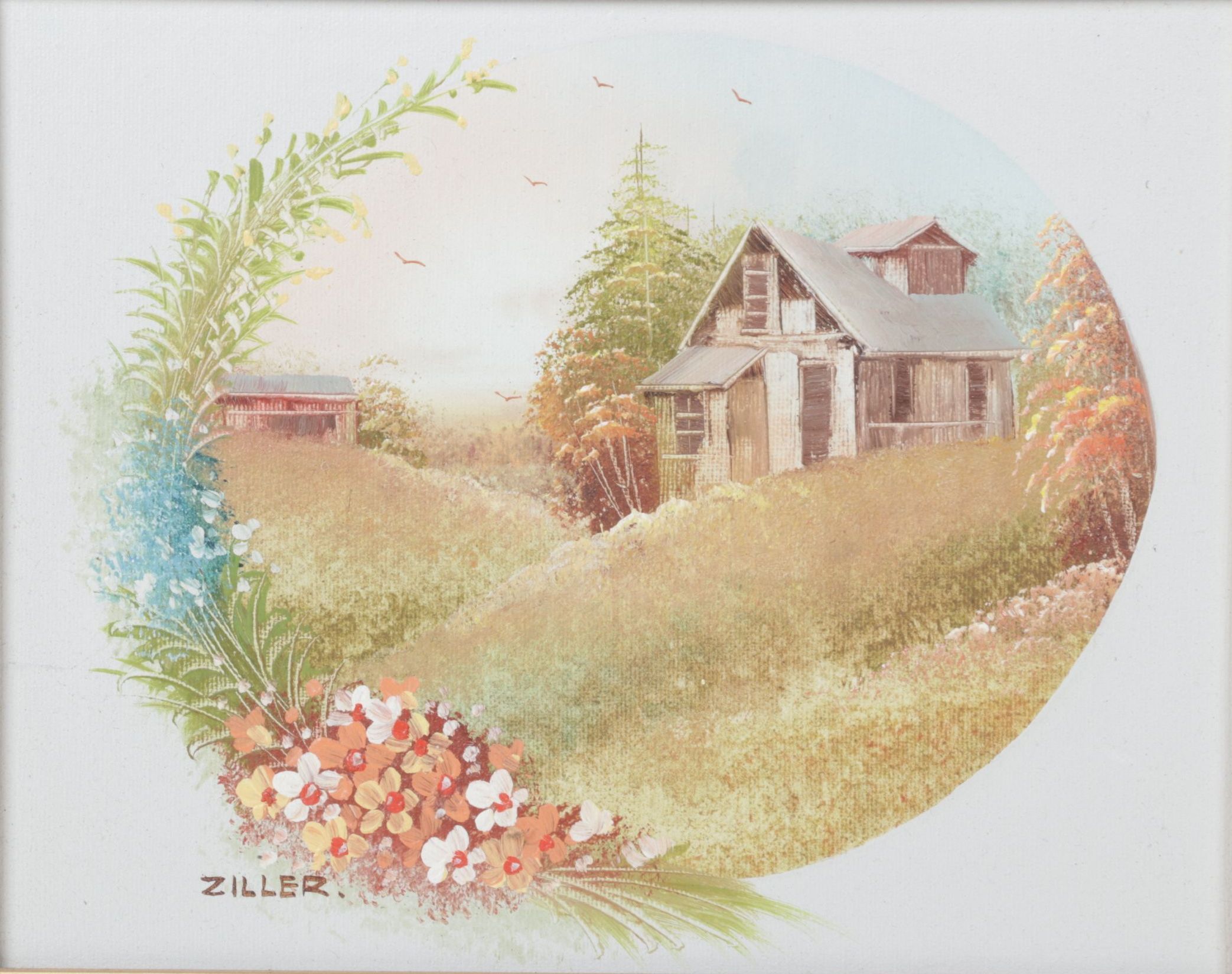 Ziller Impressionist Landscape Oil Painting of Bucolic Farmhouse in Meadow