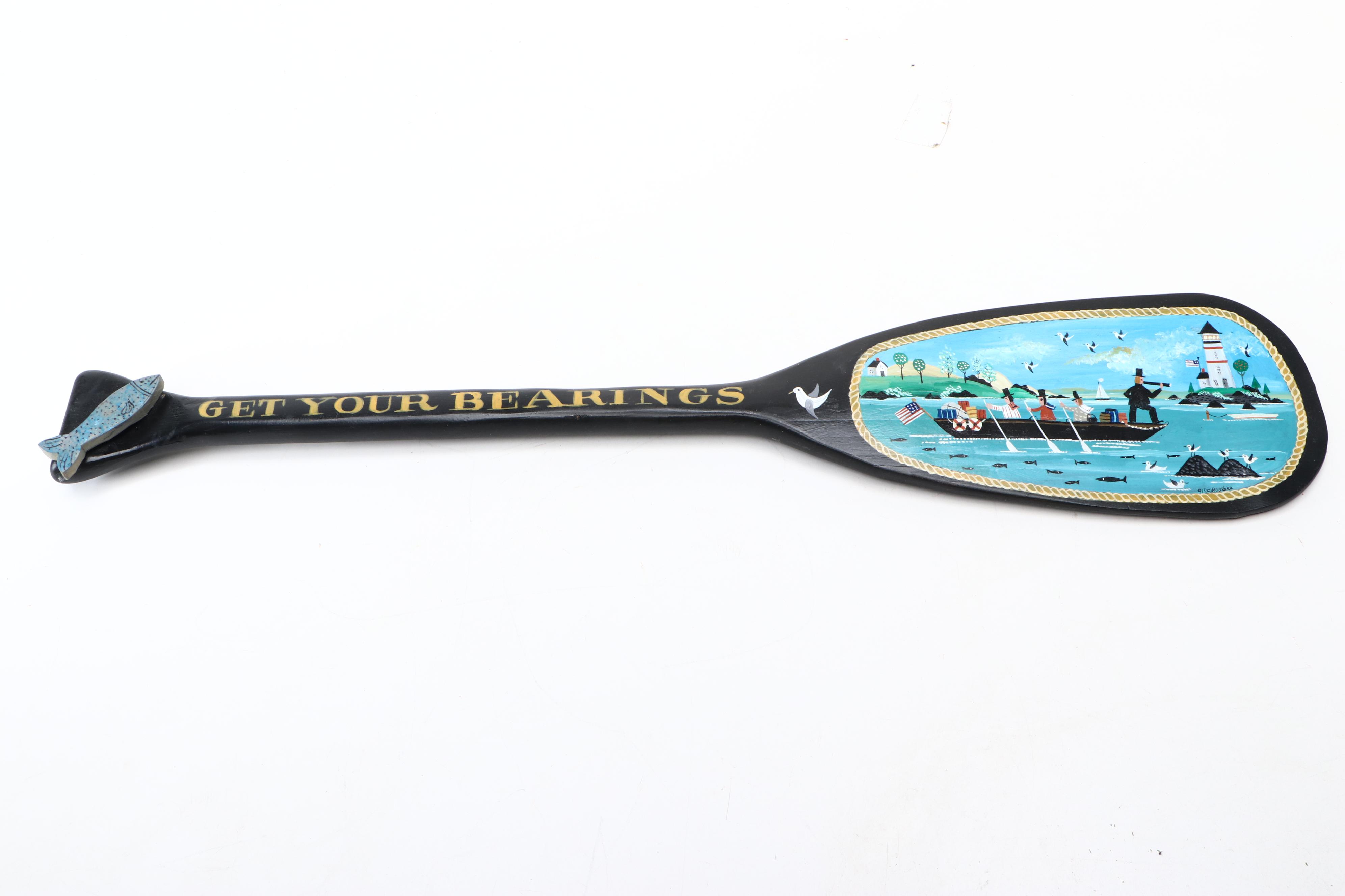 Nautical Folk Art Painted Carved Wood Paddle and Wall Plate