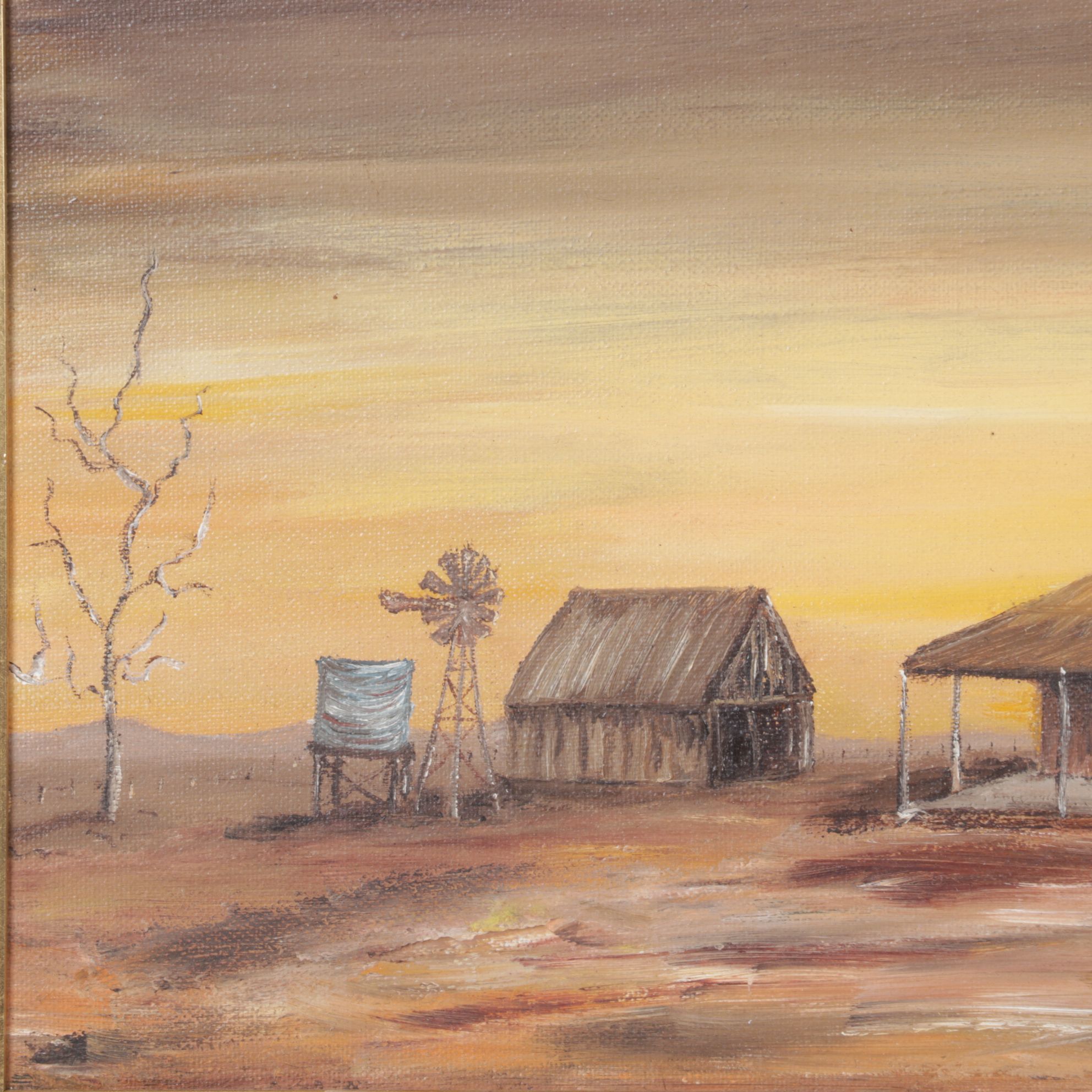 J. Jones Impressionist Oil Painting of Barren Farmhouse Landscape, 1975