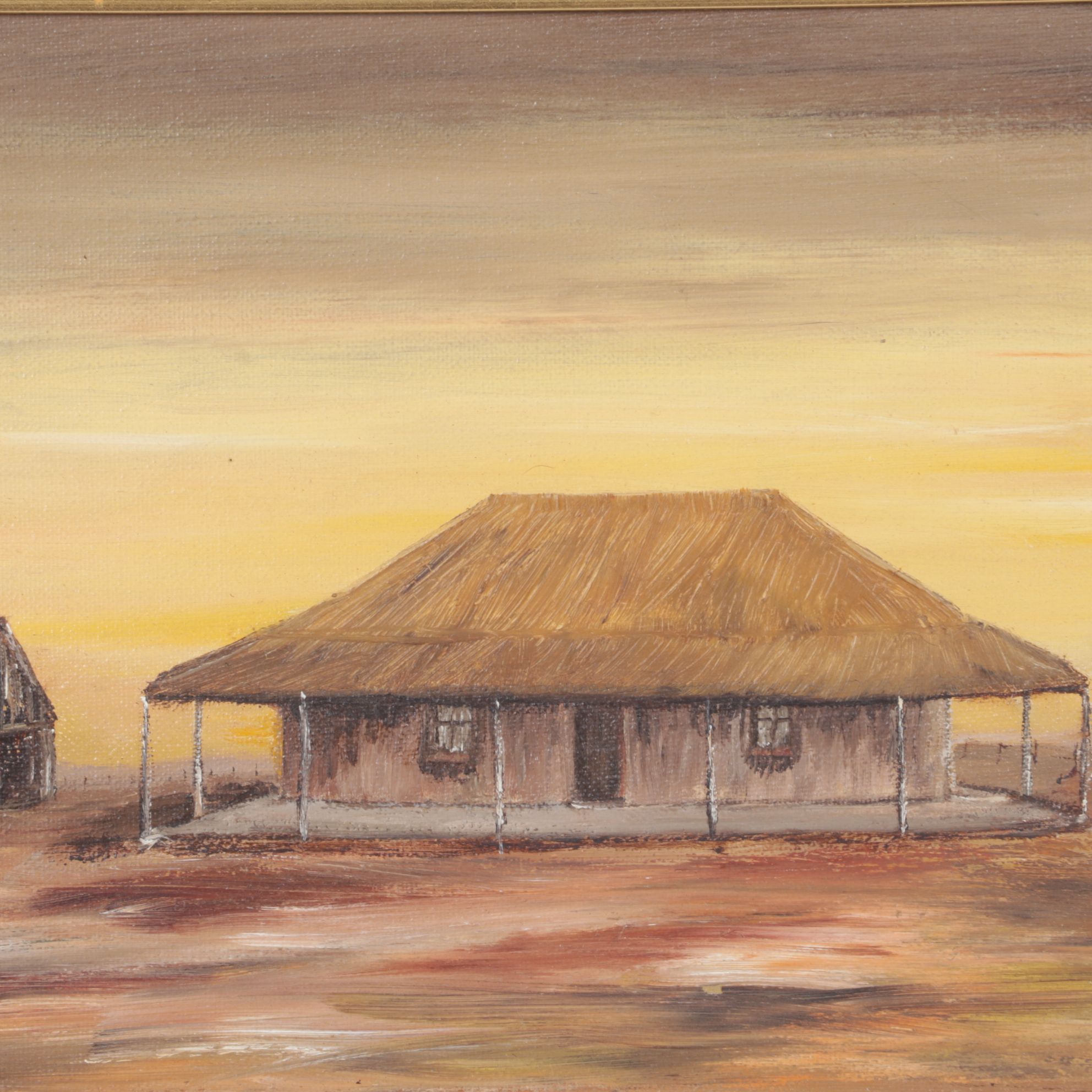 J. Jones Impressionist Oil Painting of Barren Farmhouse Landscape, 1975