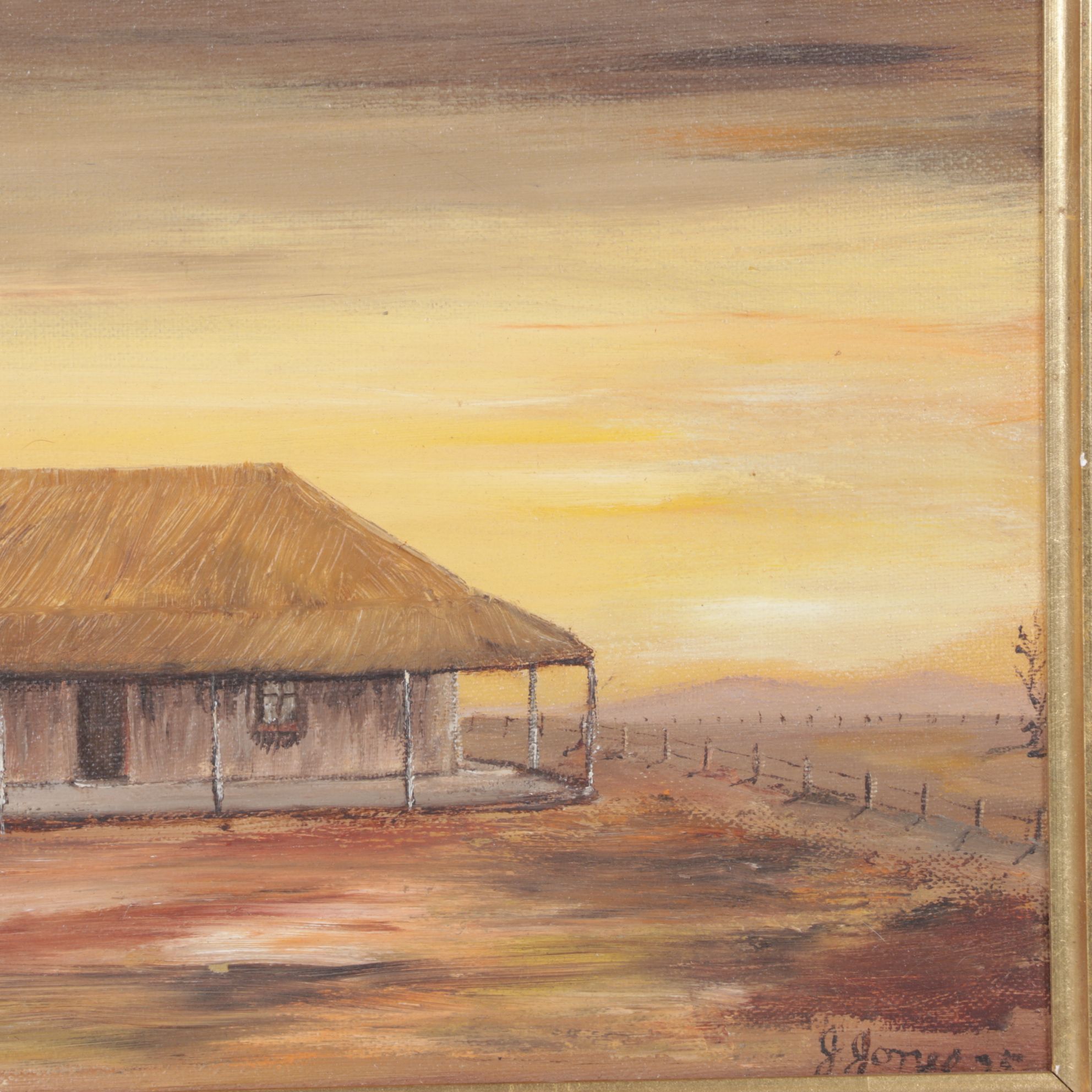 J. Jones Impressionist Oil Painting of Barren Farmhouse Landscape, 1975