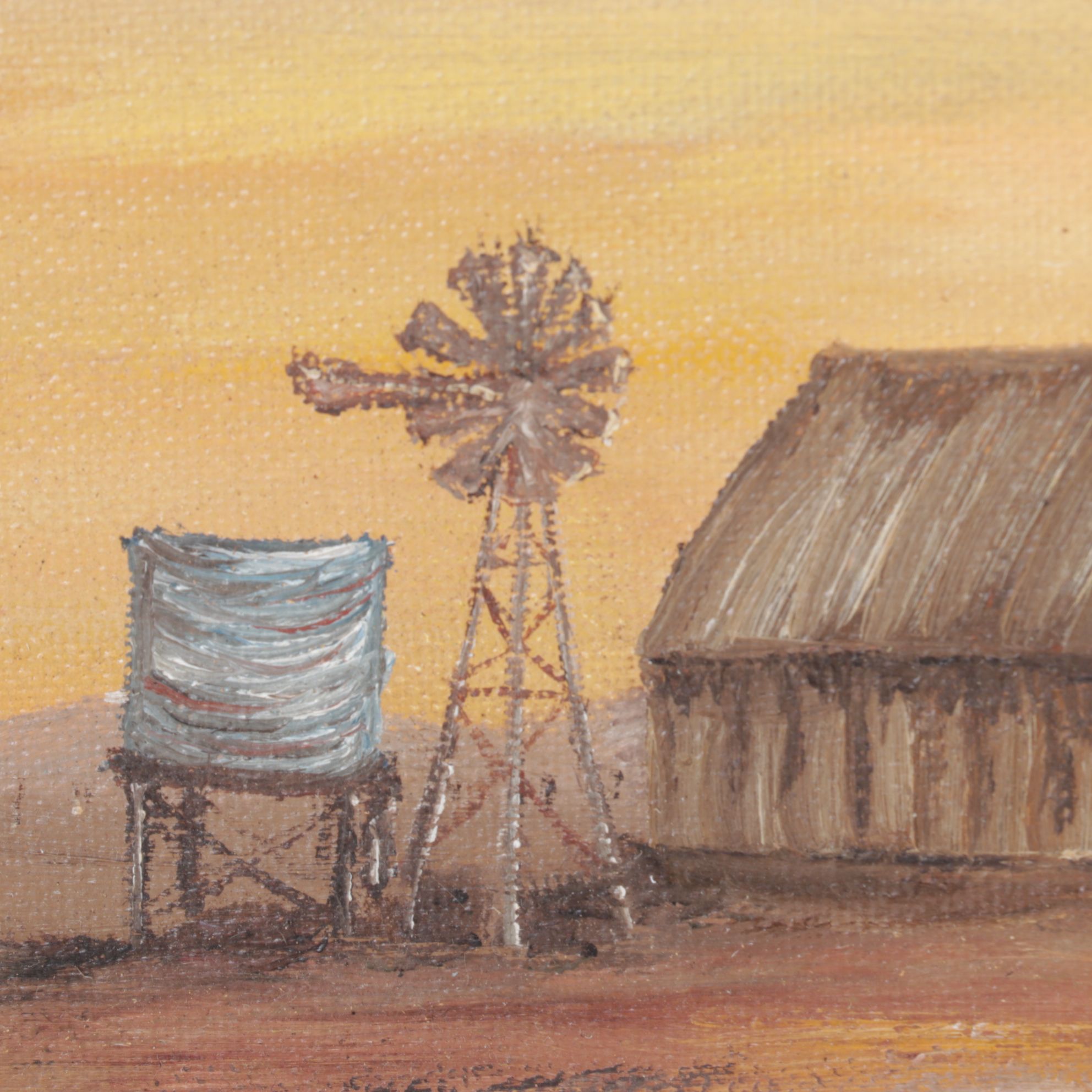 J. Jones Impressionist Oil Painting of Barren Farmhouse Landscape, 1975