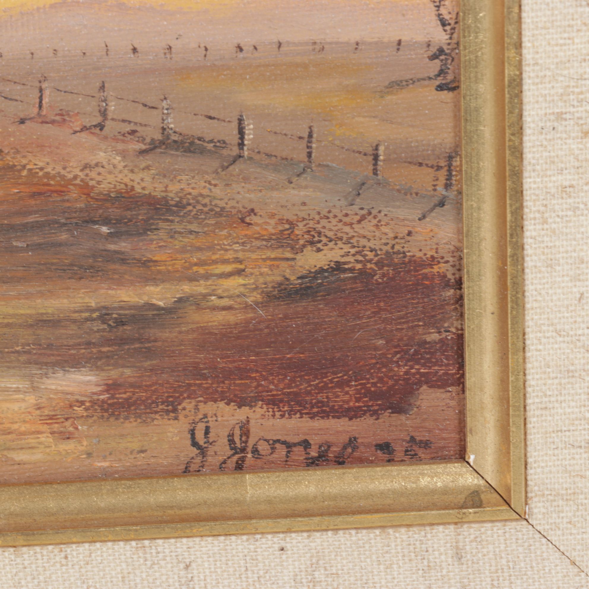 J. Jones Impressionist Oil Painting of Barren Farmhouse Landscape, 1975