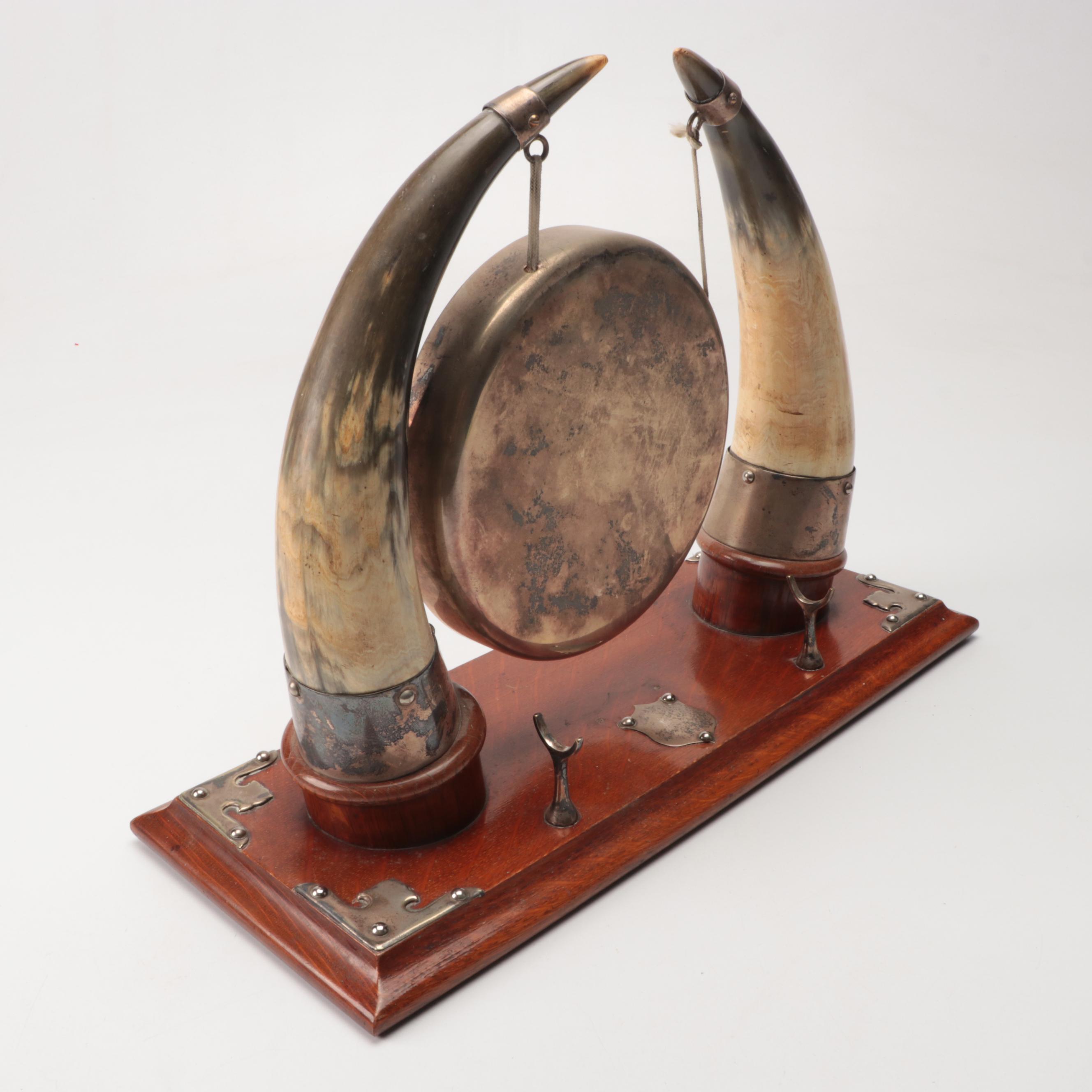 Horn Held Silver Plate Dinner Gong on Wood Base