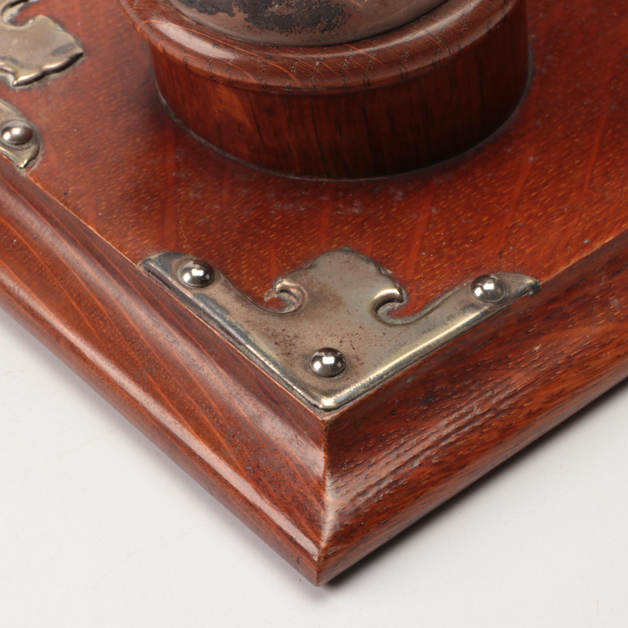 Horn Held Silver Plate Dinner Gong on Wood Base