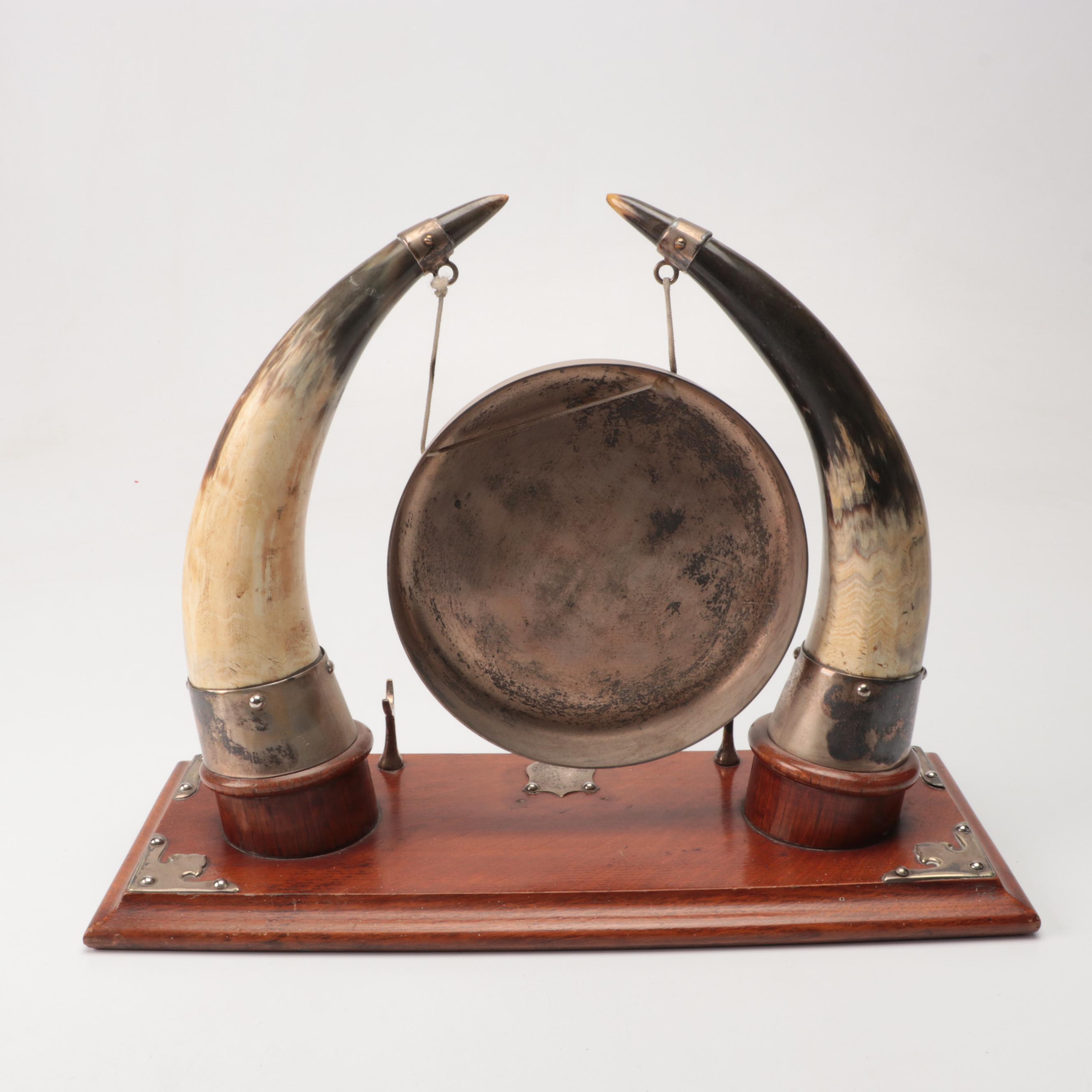 Horn Held Silver Plate Dinner Gong on Wood Base
