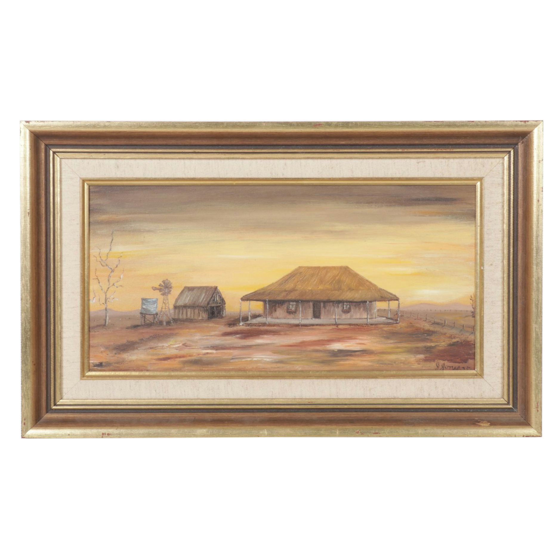 J. Jones Impressionist Oil Painting of Barren Farmhouse Landscape, 1975
