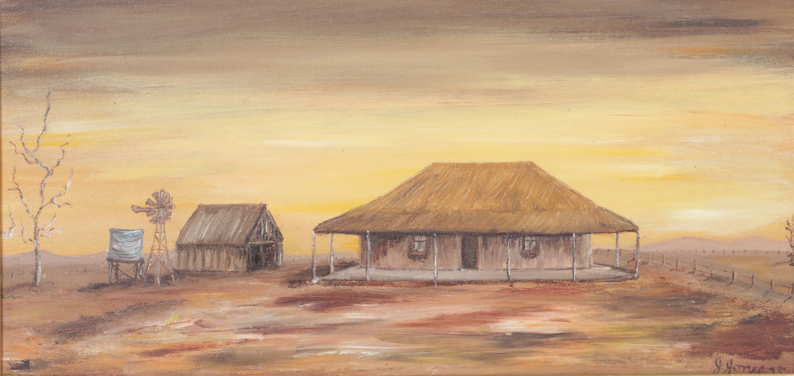 J. Jones Impressionist Oil Painting of Barren Farmhouse Landscape, 1975