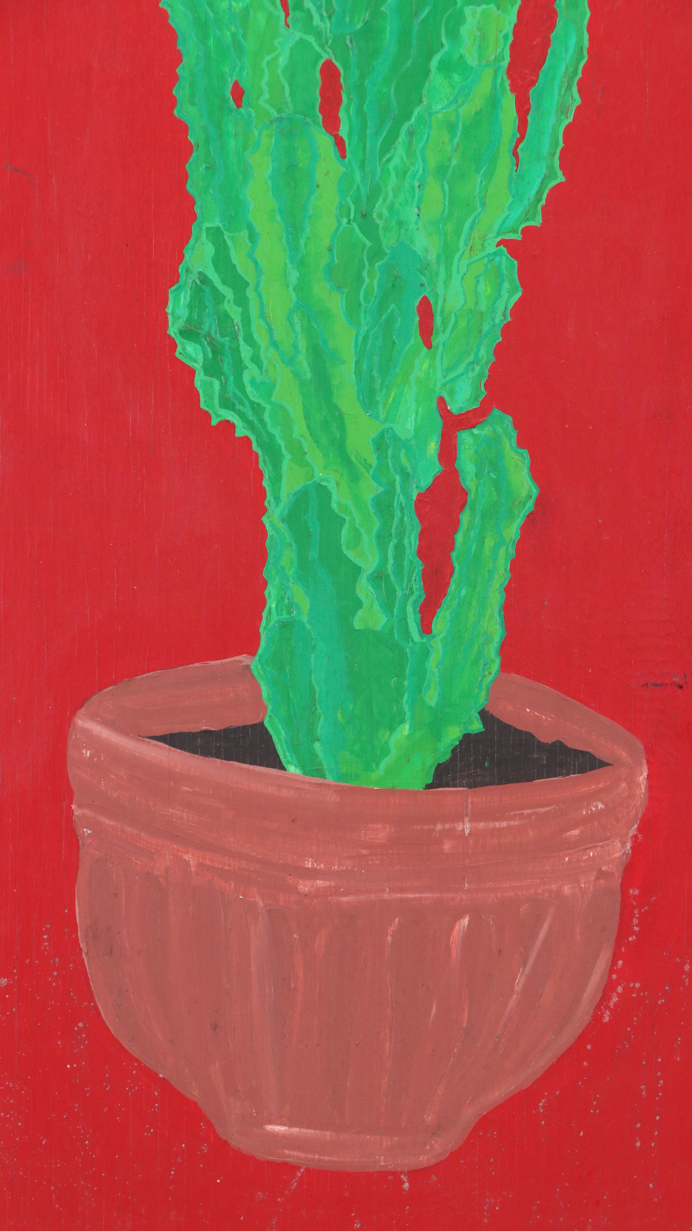 Still Life Acrylic Painting of Potted Cactus, 21st Century