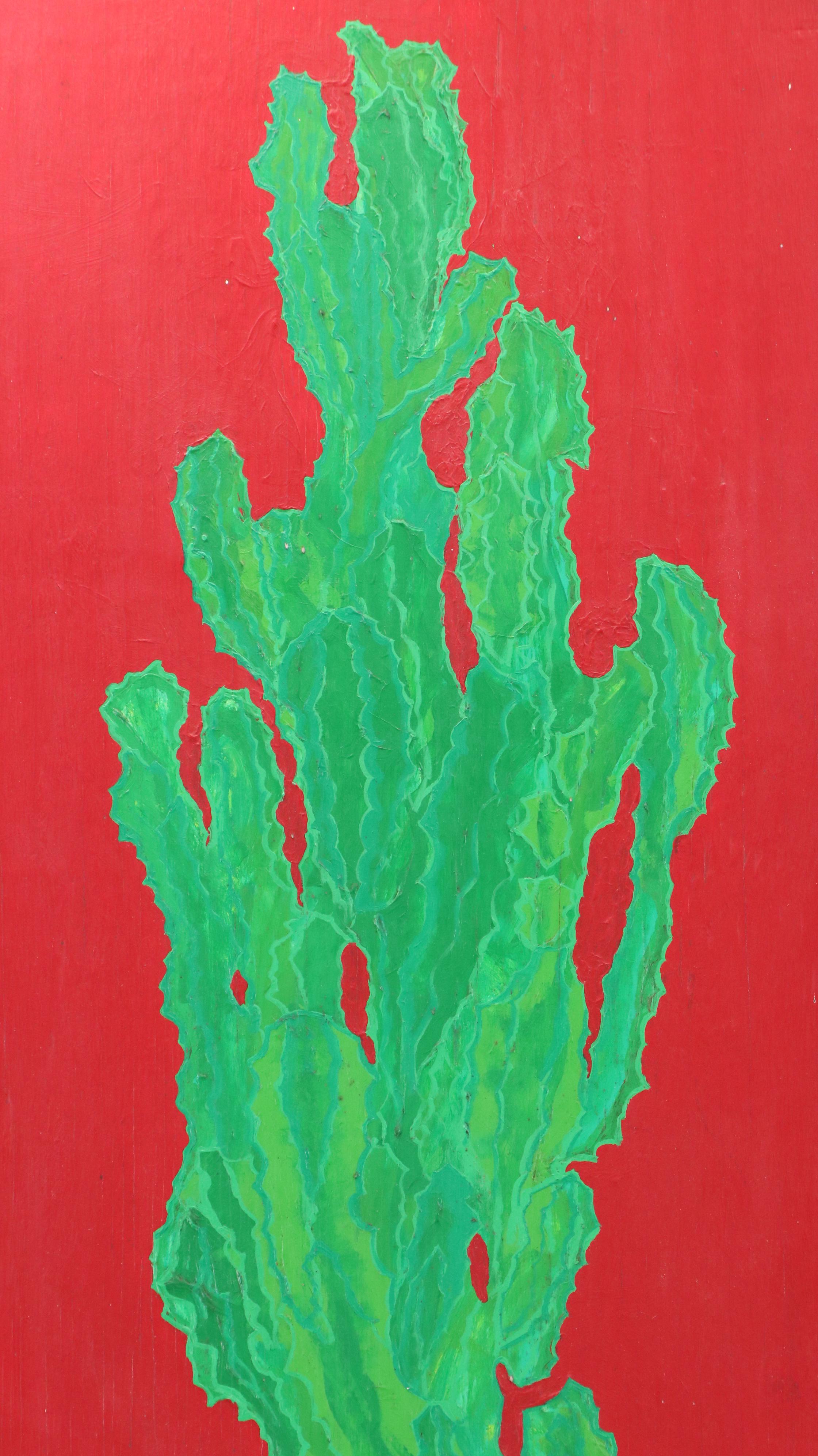 Still Life Acrylic Painting of Potted Cactus, 21st Century