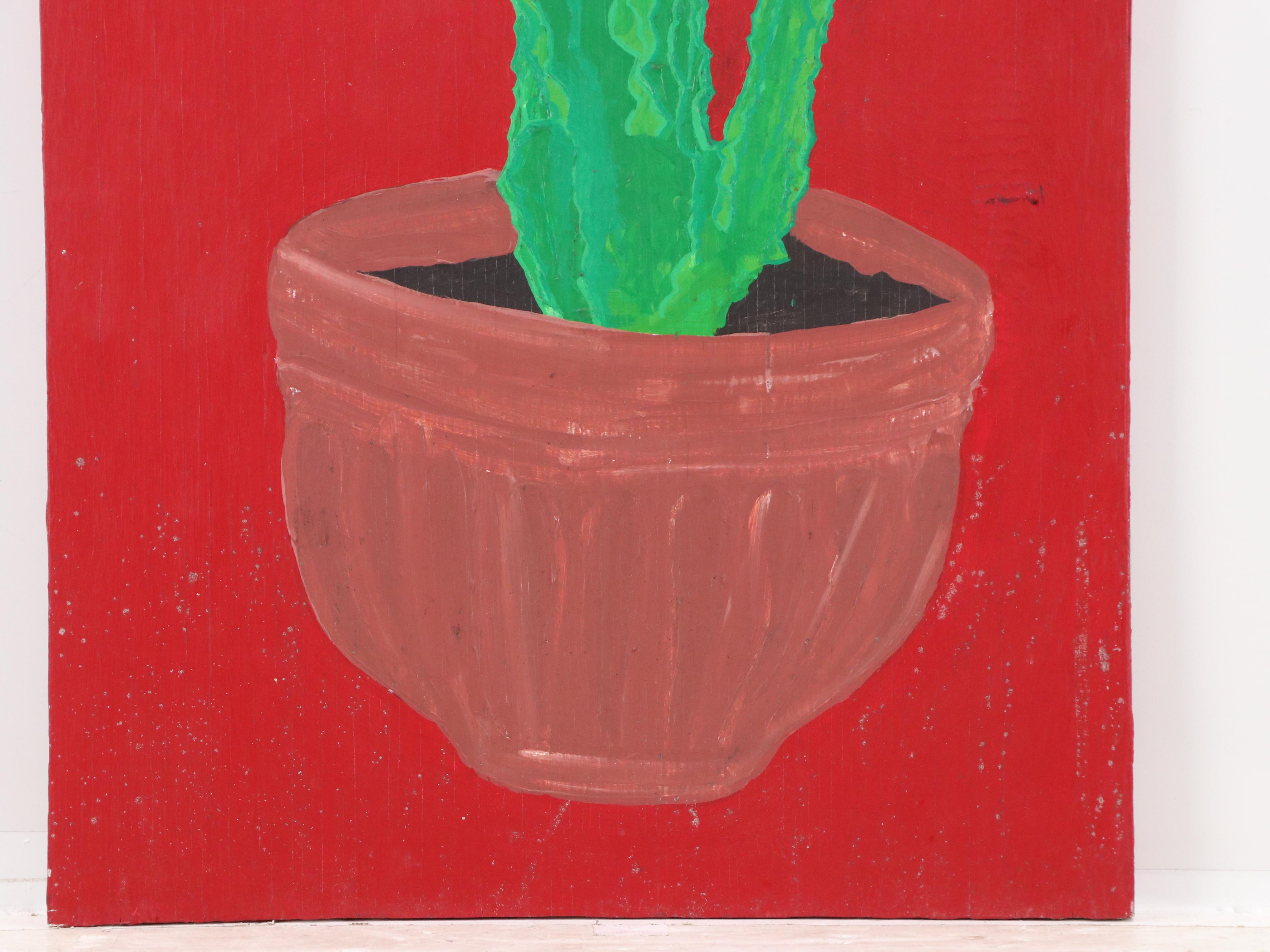 Still Life Acrylic Painting of Potted Cactus, 21st Century