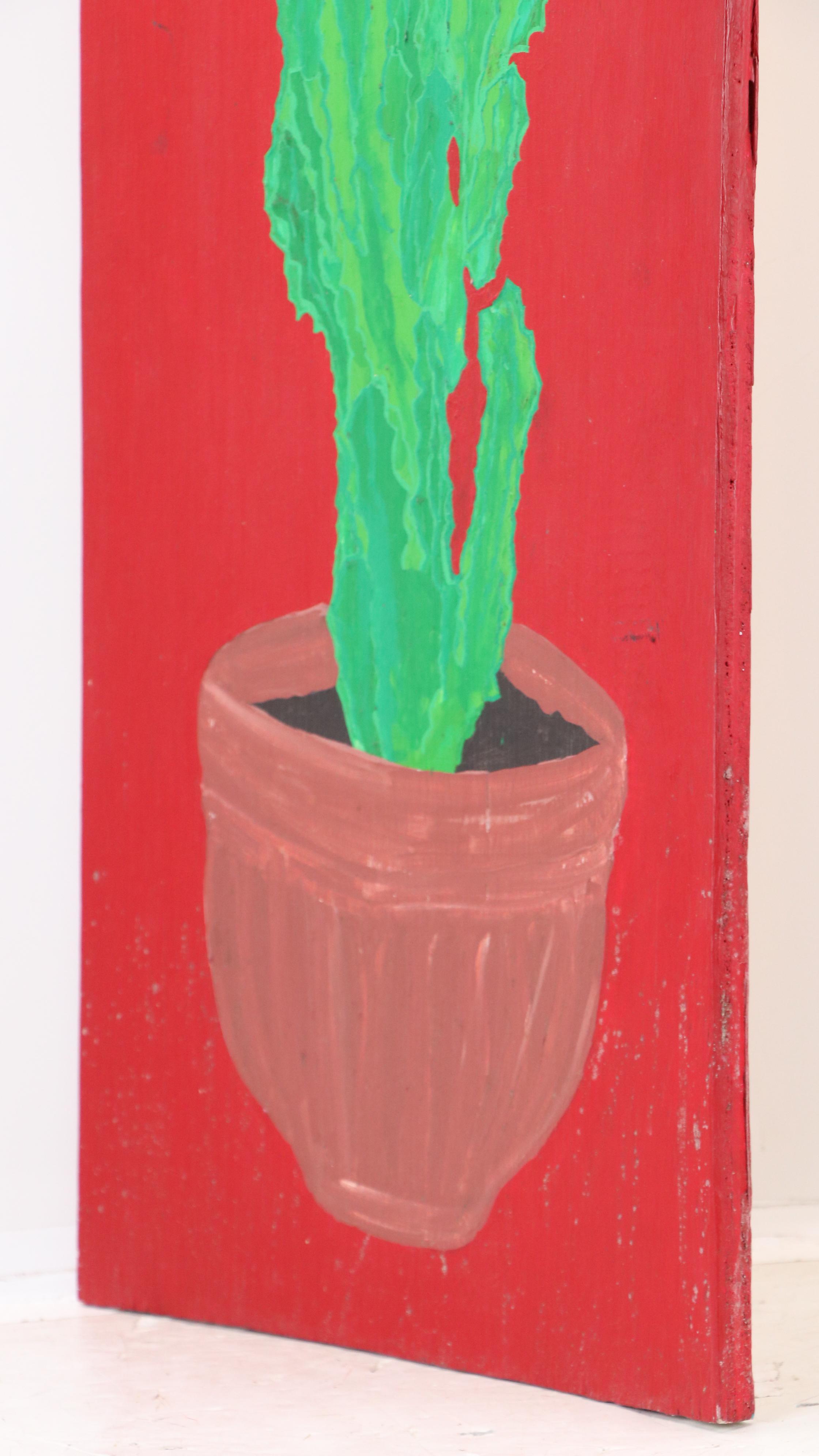 Still Life Acrylic Painting of Potted Cactus, 21st Century