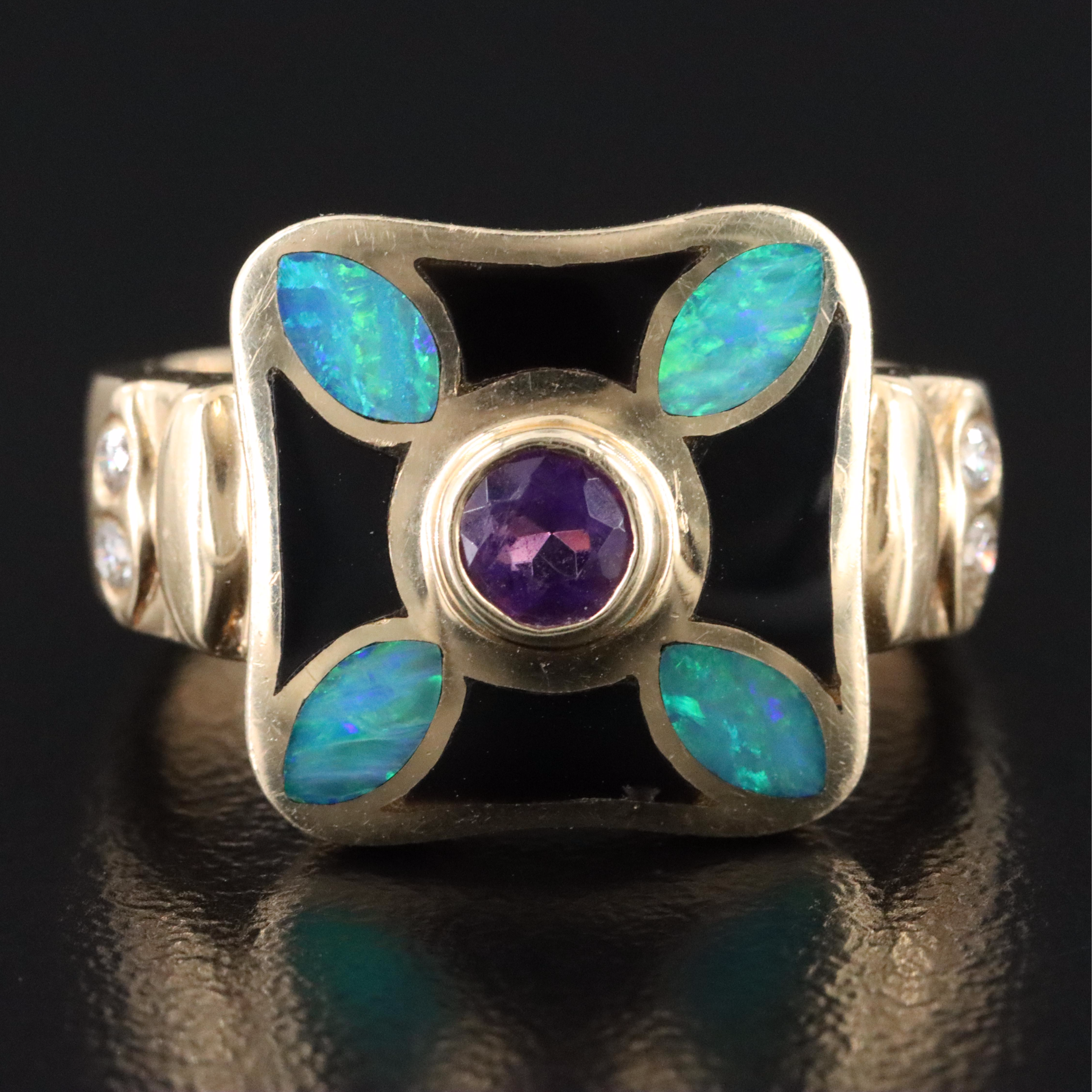 14K Amethyst, Opal, Black Onyx and Diamond Ring
