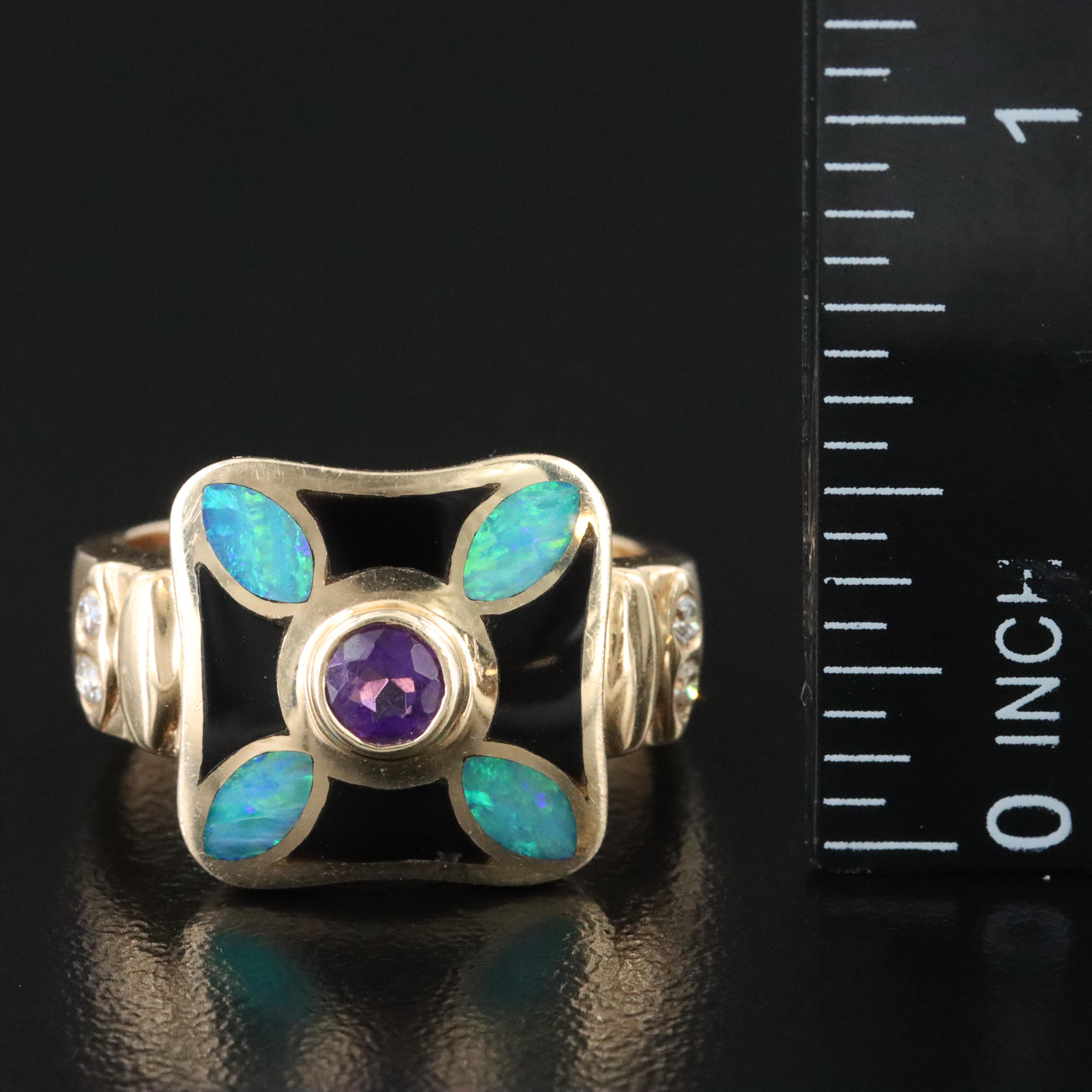 14K Amethyst, Opal, Black Onyx and Diamond Ring