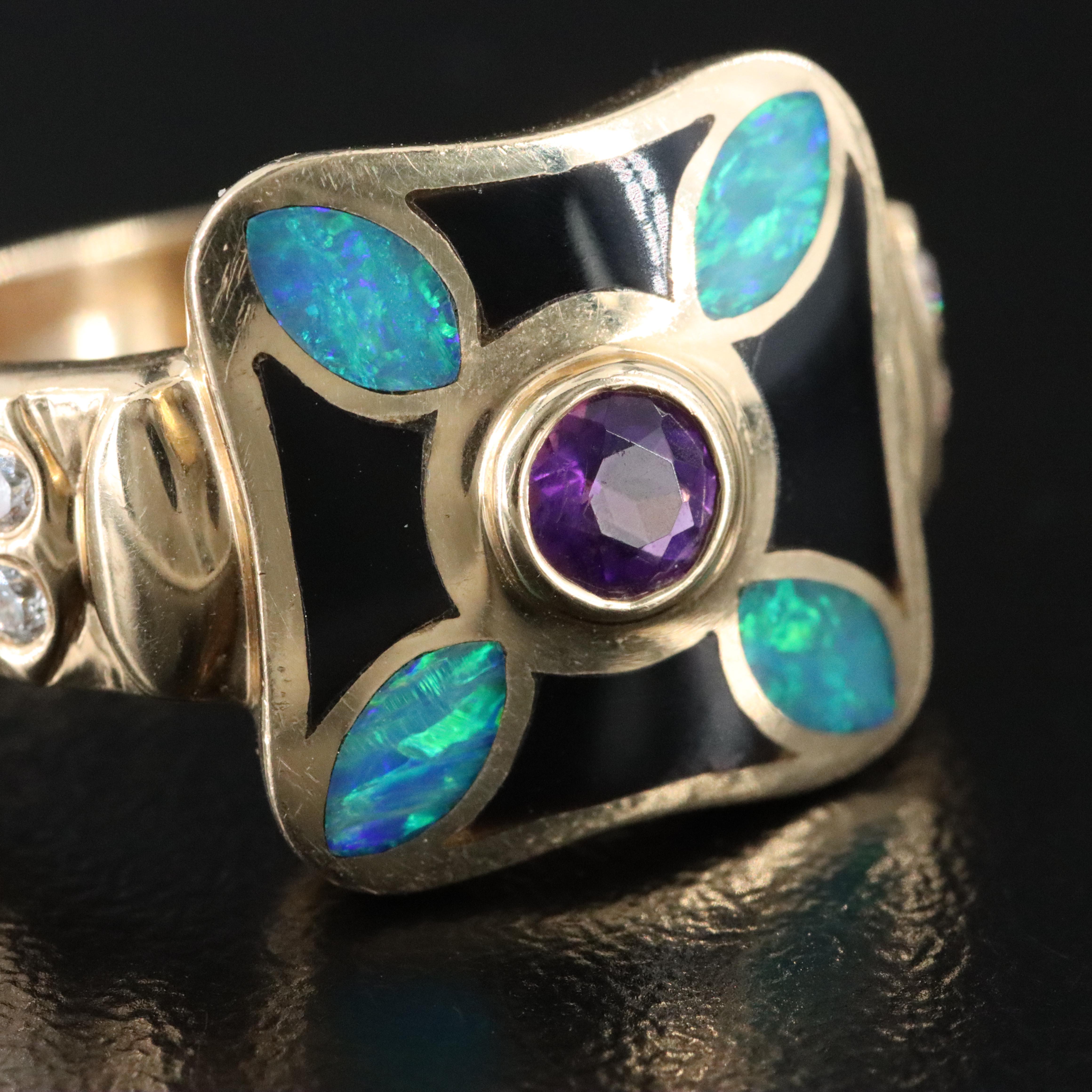 14K Amethyst, Opal, Black Onyx and Diamond Ring