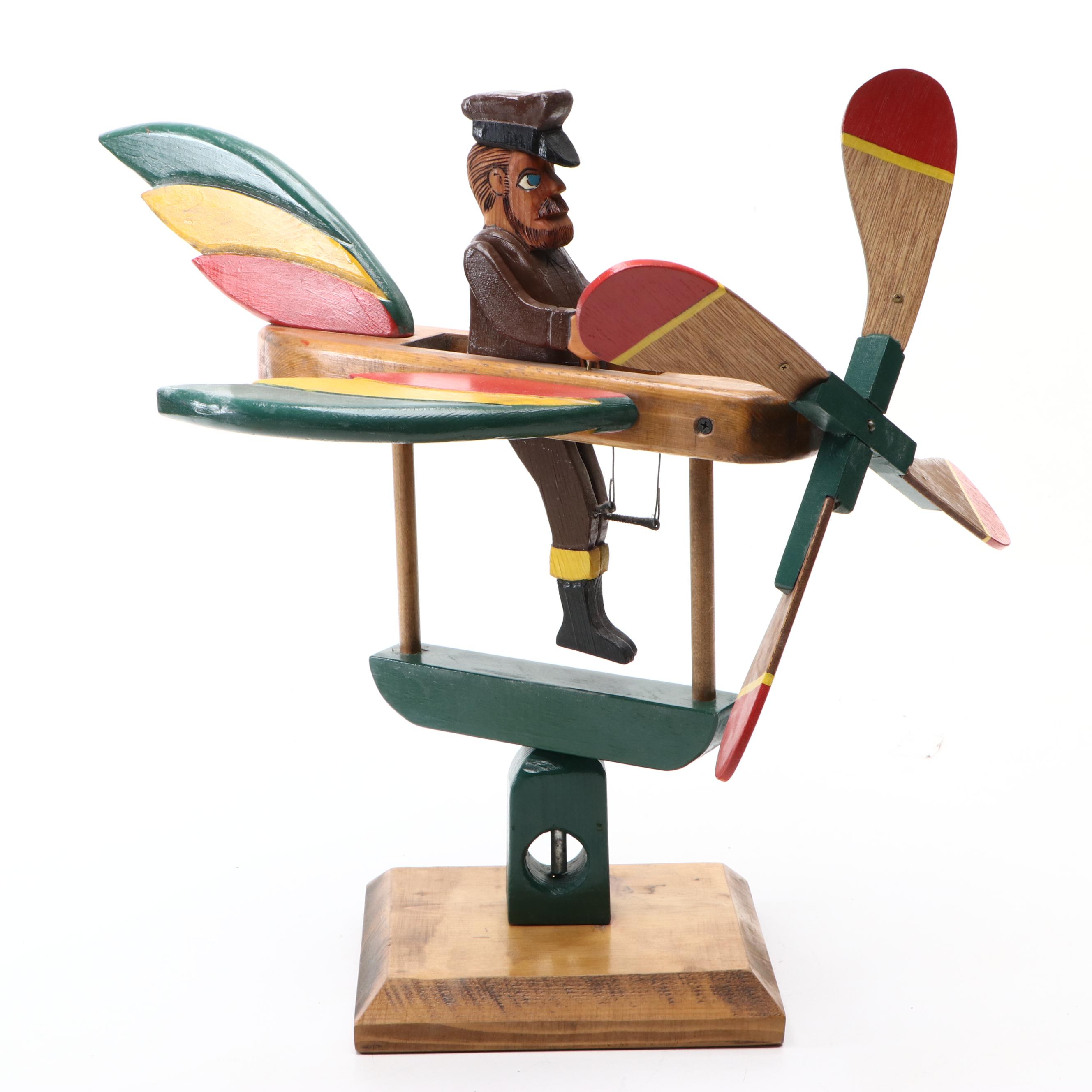 Len Norman Folk Art Carved Wood Pilot Whirligig