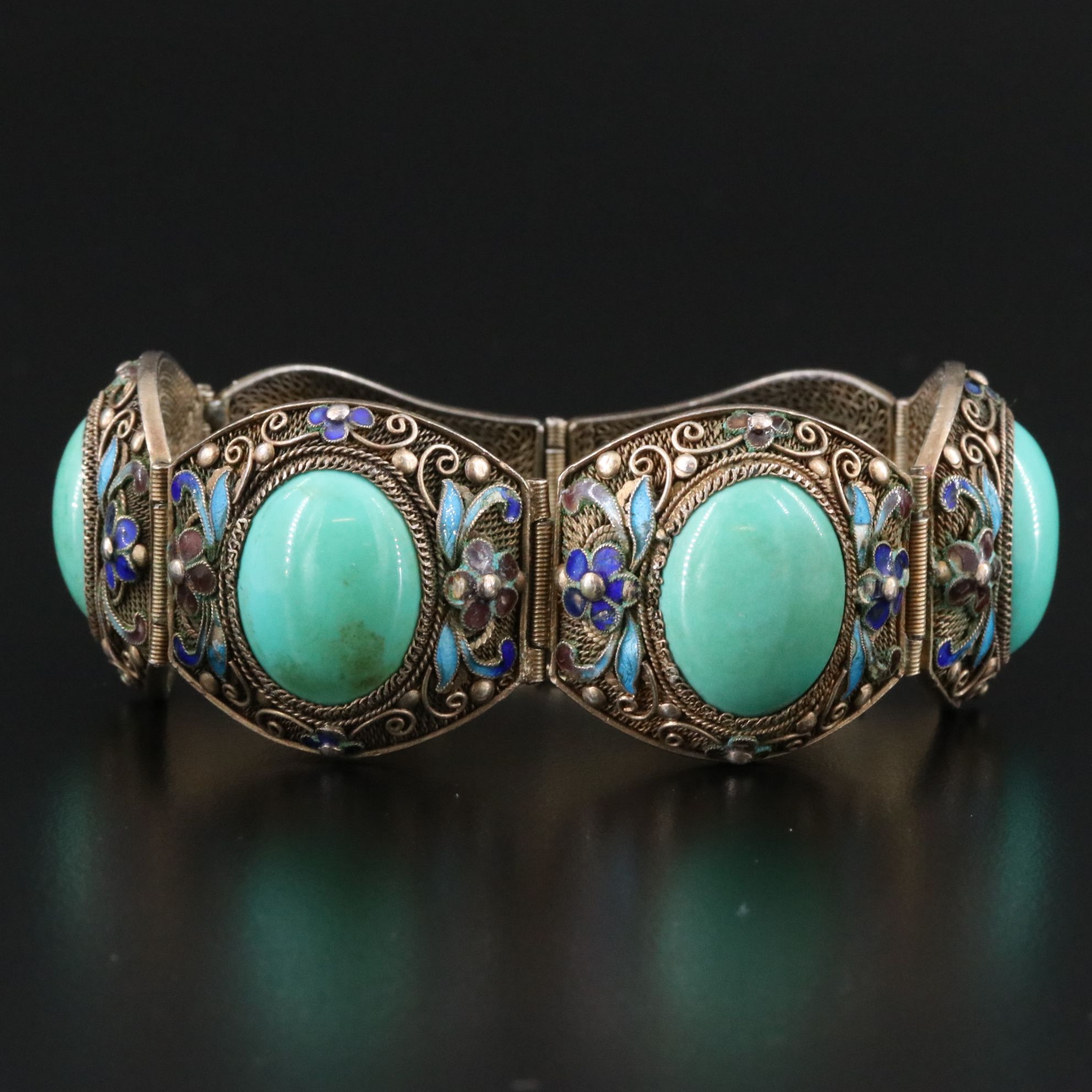 Chinese Sterling Faux Turquoise and Enamel Filigree Panel Bracelet