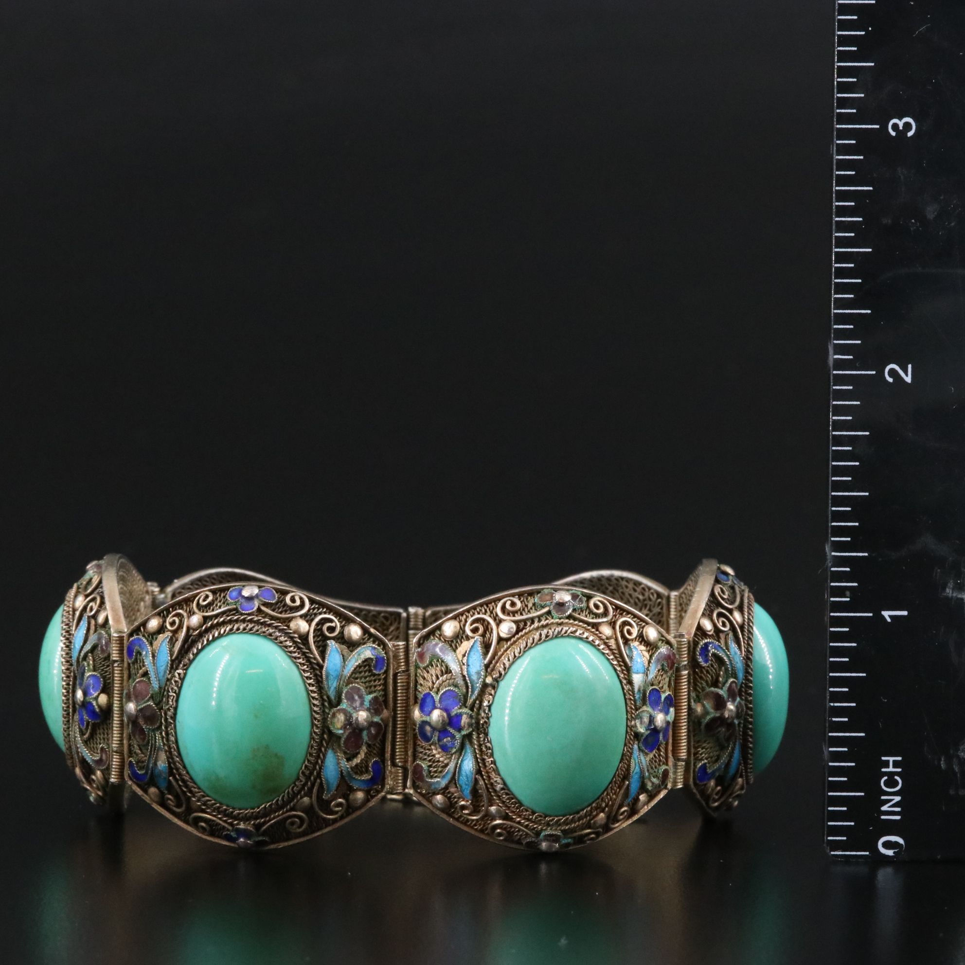 Chinese Sterling Faux Turquoise and Enamel Filigree Panel Bracelet