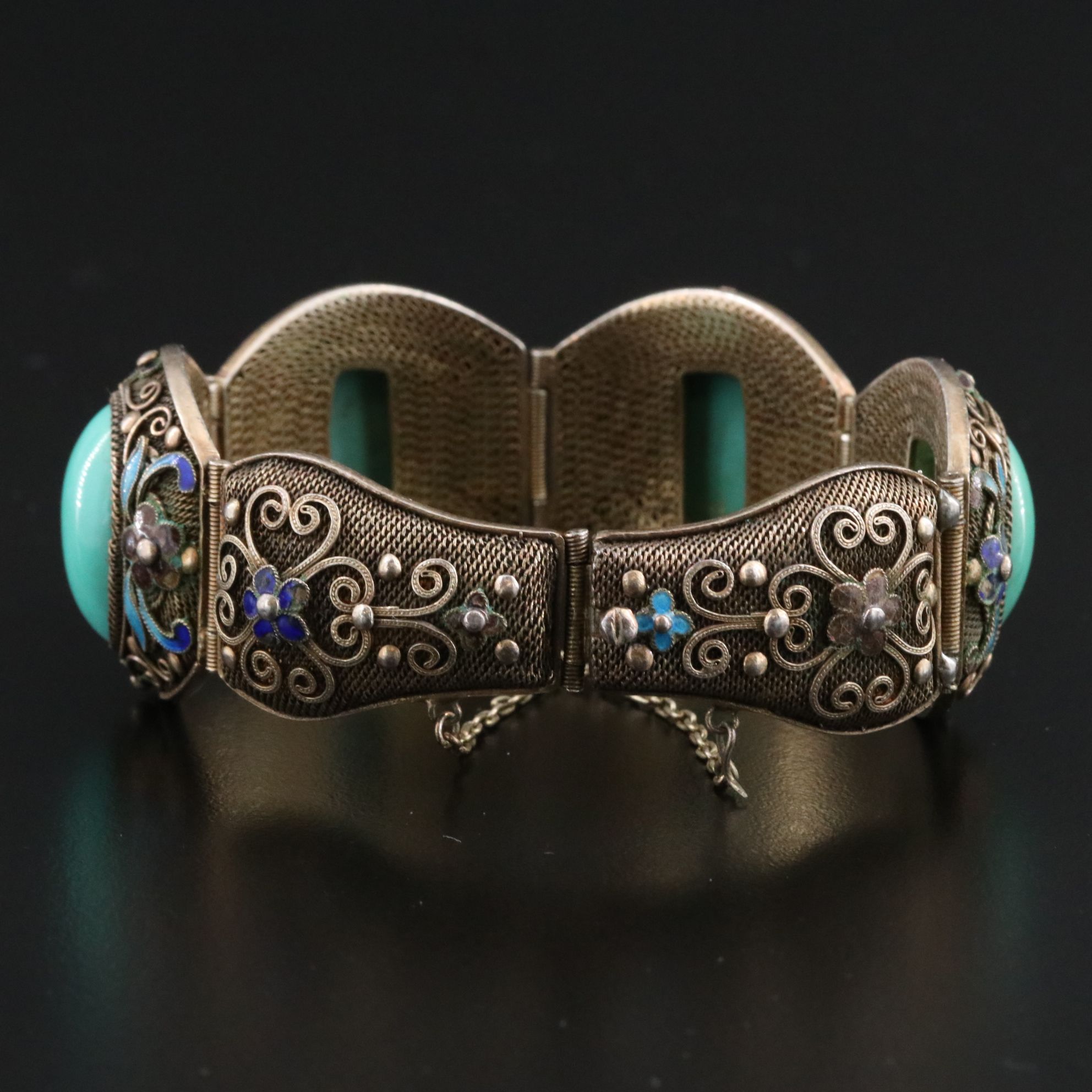 Chinese Sterling Faux Turquoise and Enamel Filigree Panel Bracelet