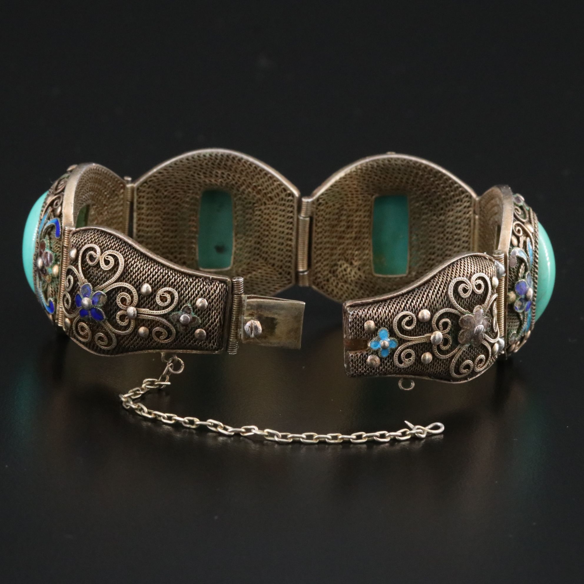 Chinese Sterling Faux Turquoise and Enamel Filigree Panel Bracelet