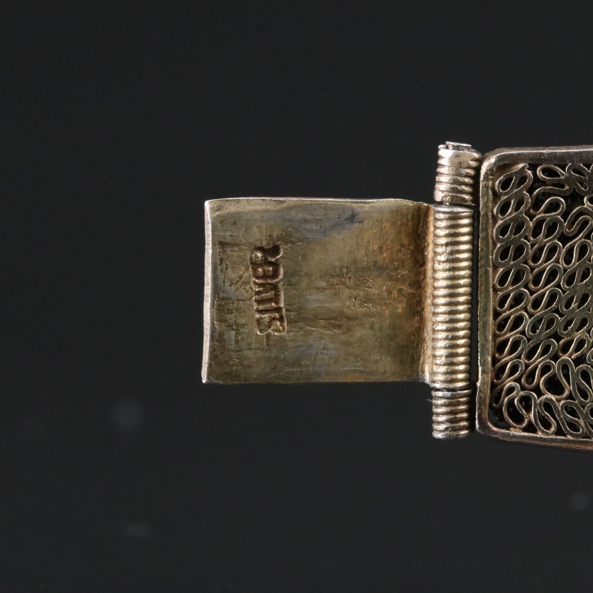 Chinese Sterling Faux Turquoise and Enamel Filigree Panel Bracelet