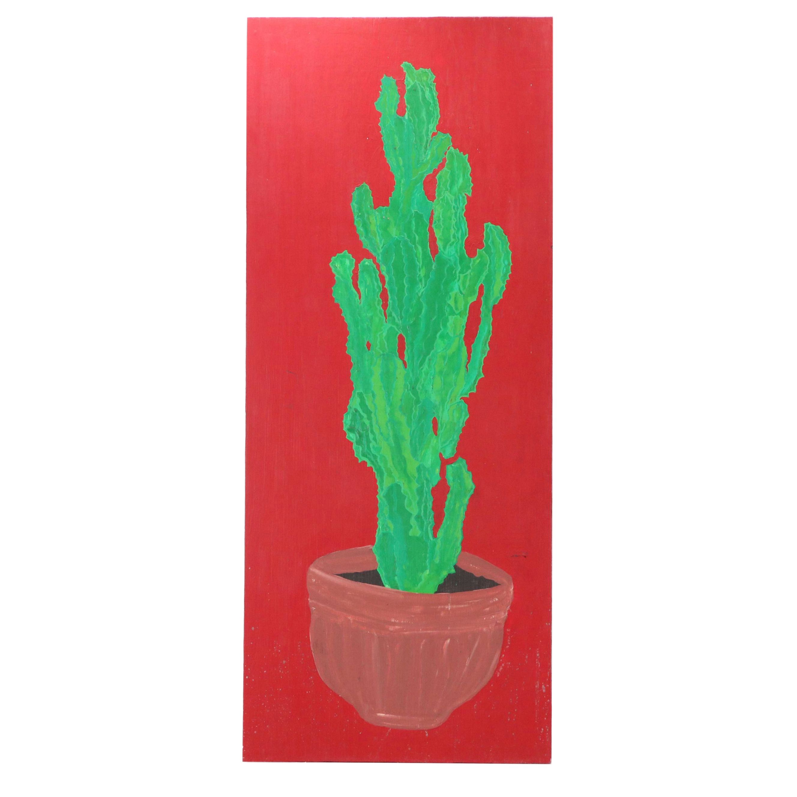 Still Life Acrylic Painting of Potted Cactus, 21st Century