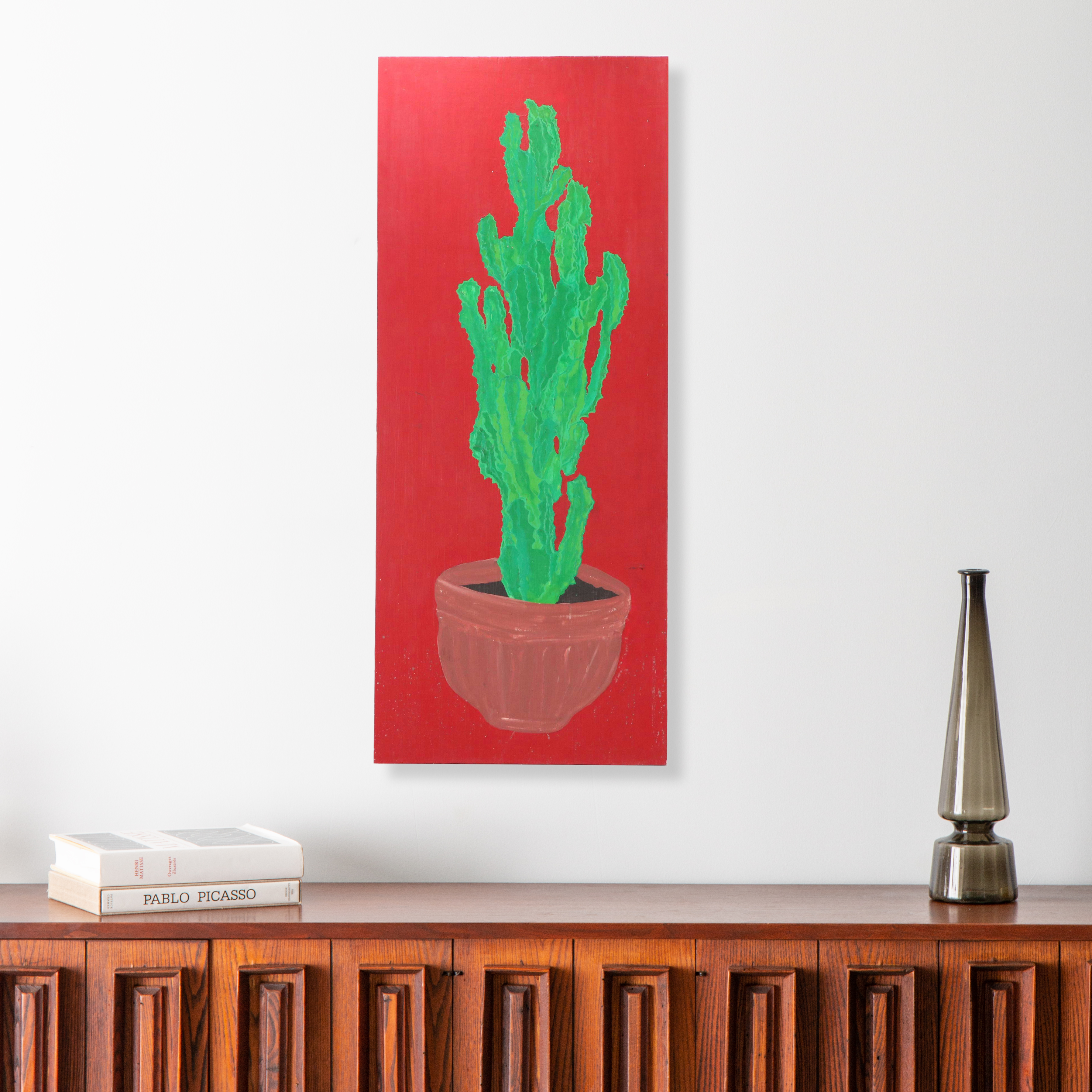 Still Life Acrylic Painting of Potted Cactus, 21st Century