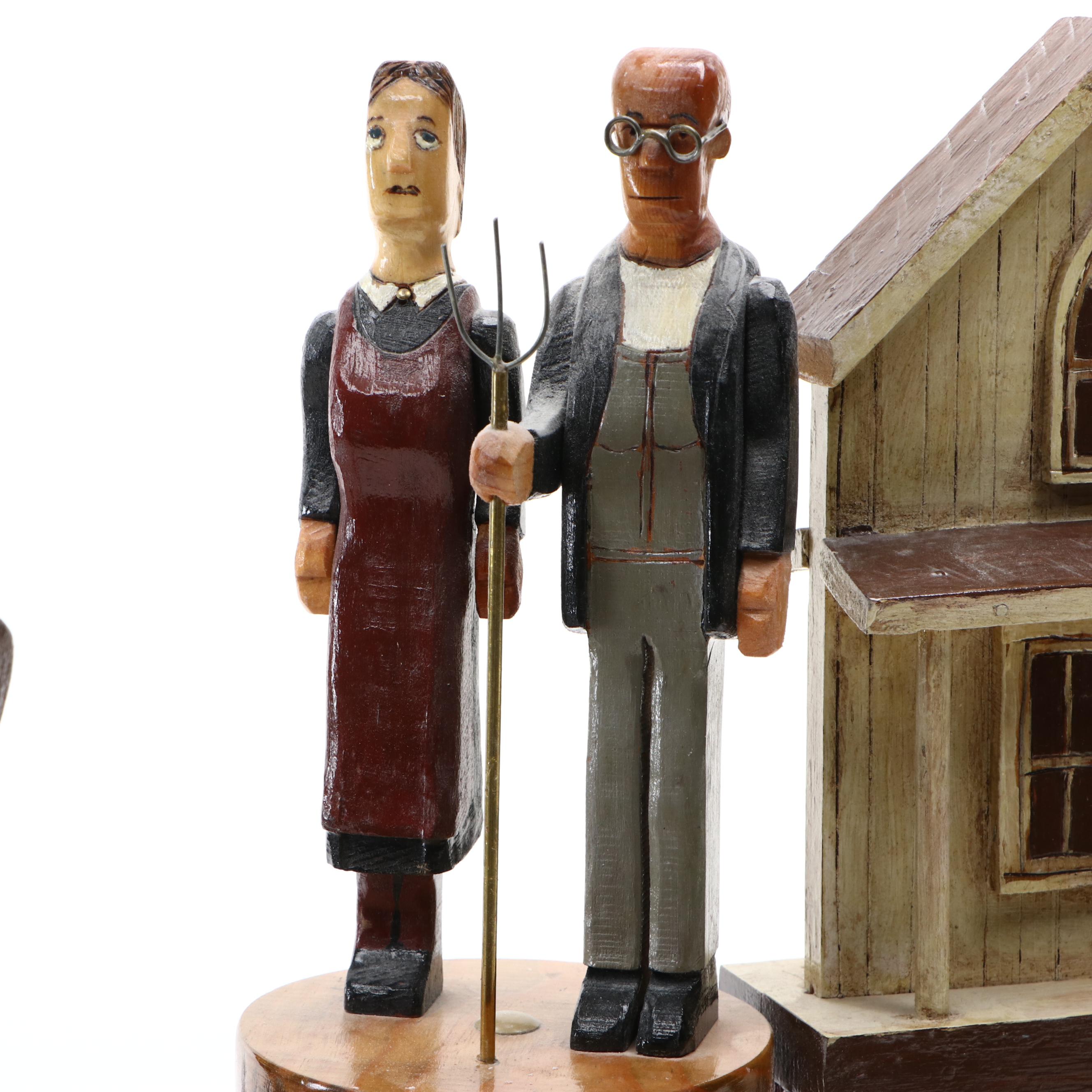 Len Norman Folk Art Carved Wood American Gothic Whirligig