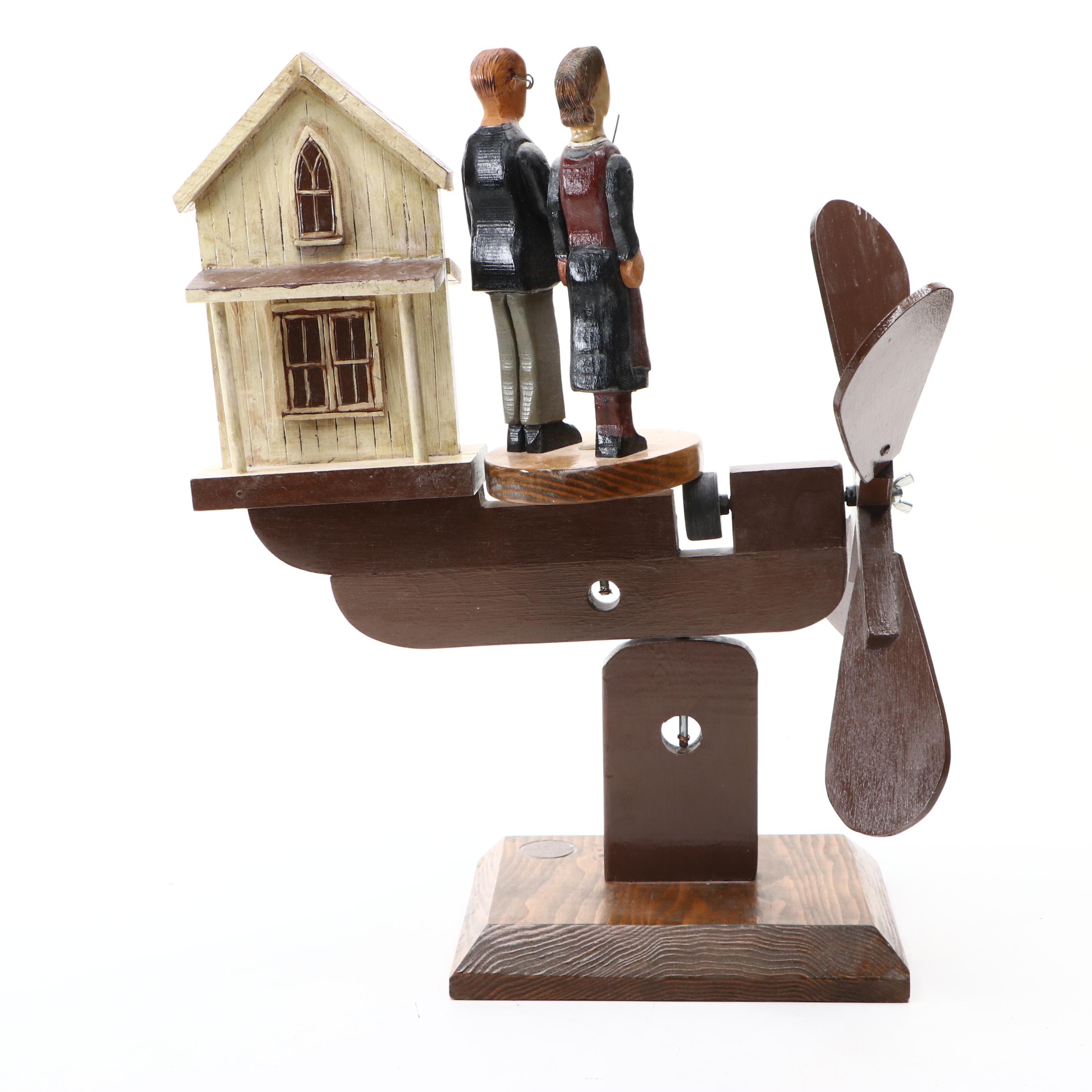 Len Norman Folk Art Carved Wood American Gothic Whirligig