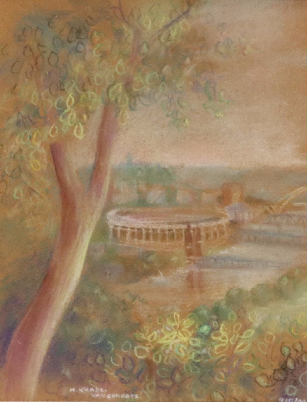 Marine Khadr-Van Schoote Ohio River Landscape Chalk Pastel Drawing, 2000