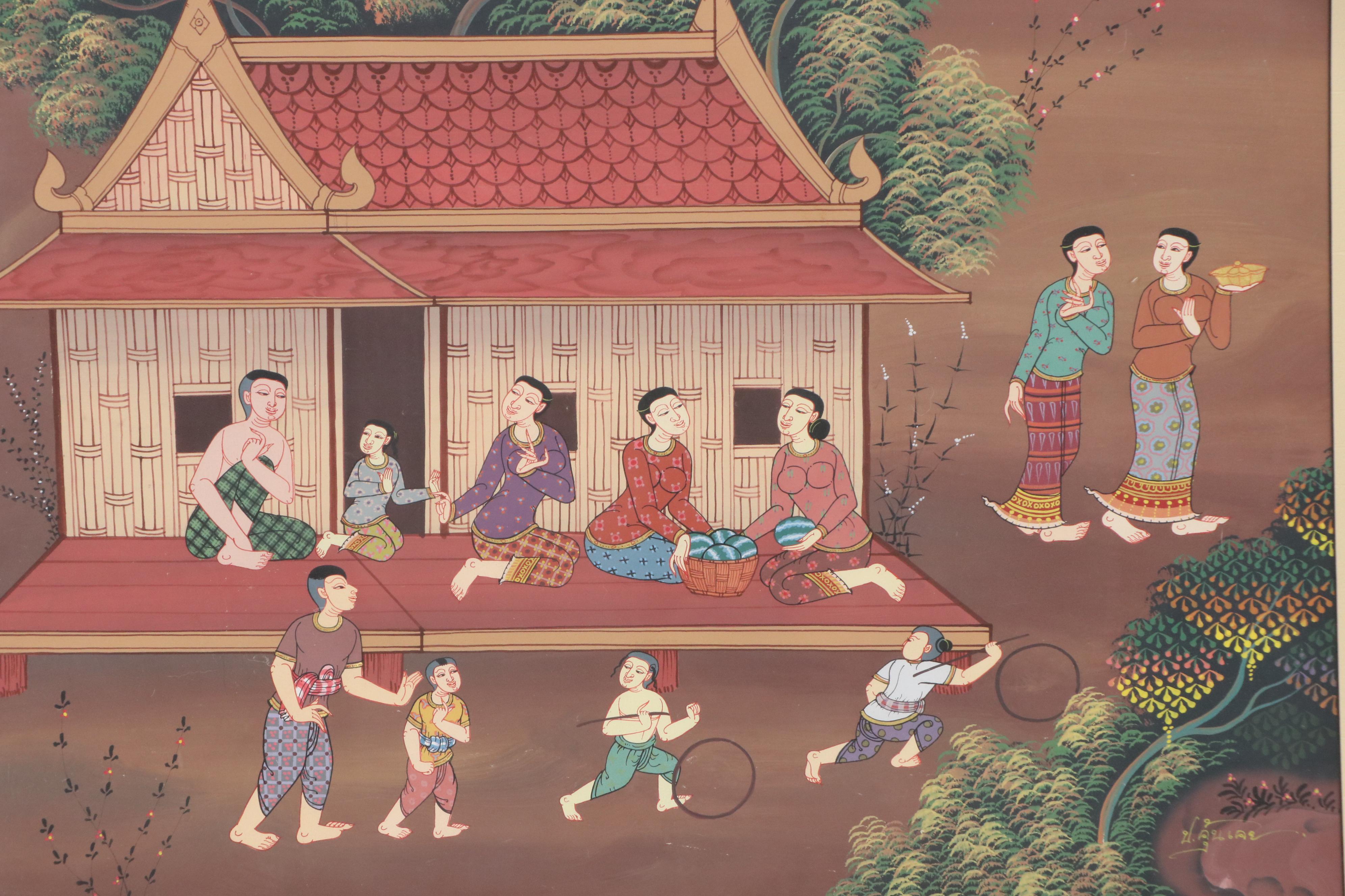 Gouache Painting of Traditional Thai Village Scene, 20th Century